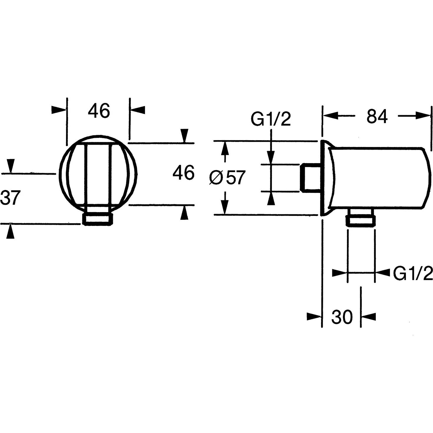 Technische Maßstabszeichnung eines zylindrischen Teils, das Vorder- und Seitenansicht mit den Abmessungen 46, 37, Ø57, 84, 30 und Gewindebezeichnungen G1/2 zeigt.