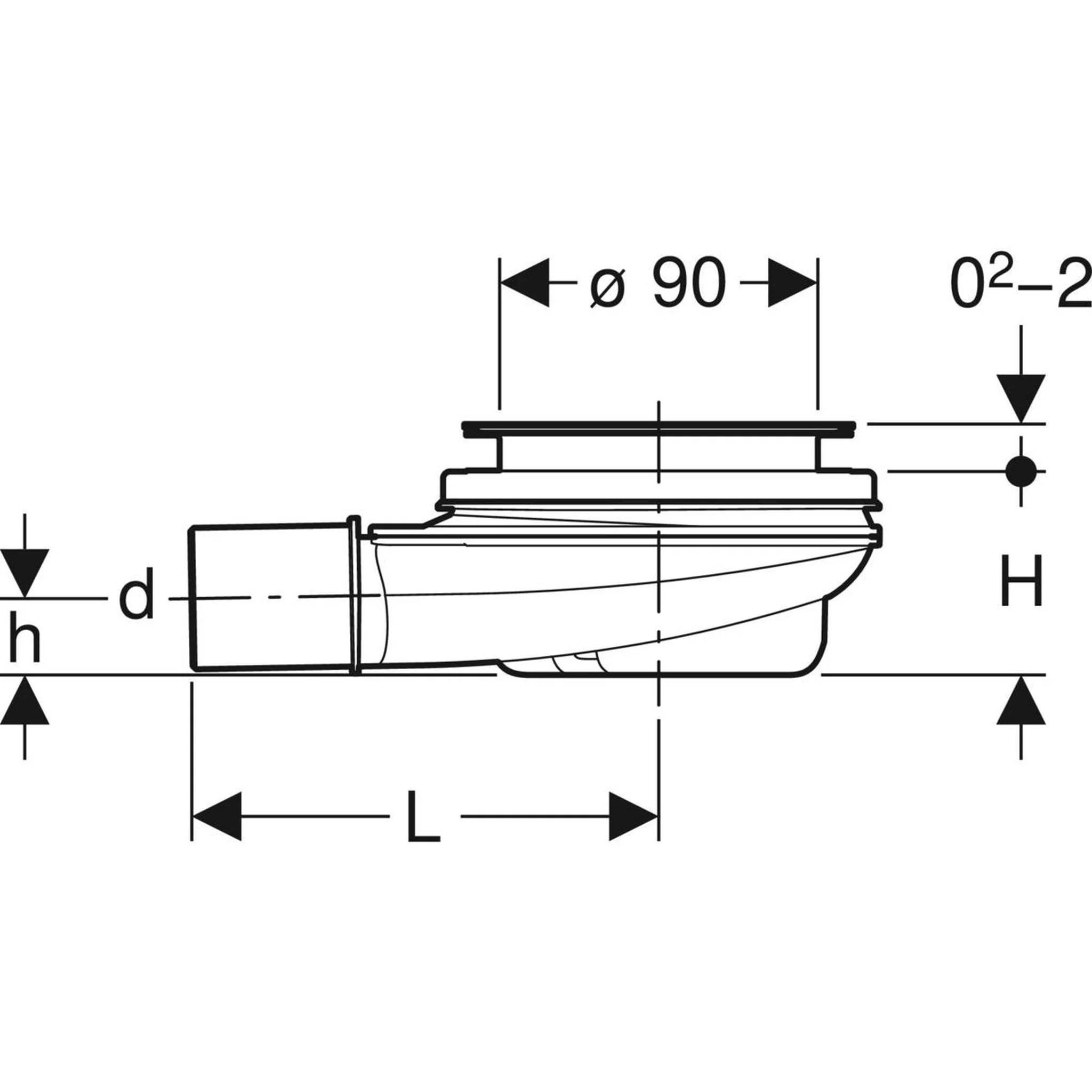 Technische Seitenansicht-Maßzeichnung einer Sanitärarmatur, gekennzeichnet mit Ø90, L, H, d und h Messungen.