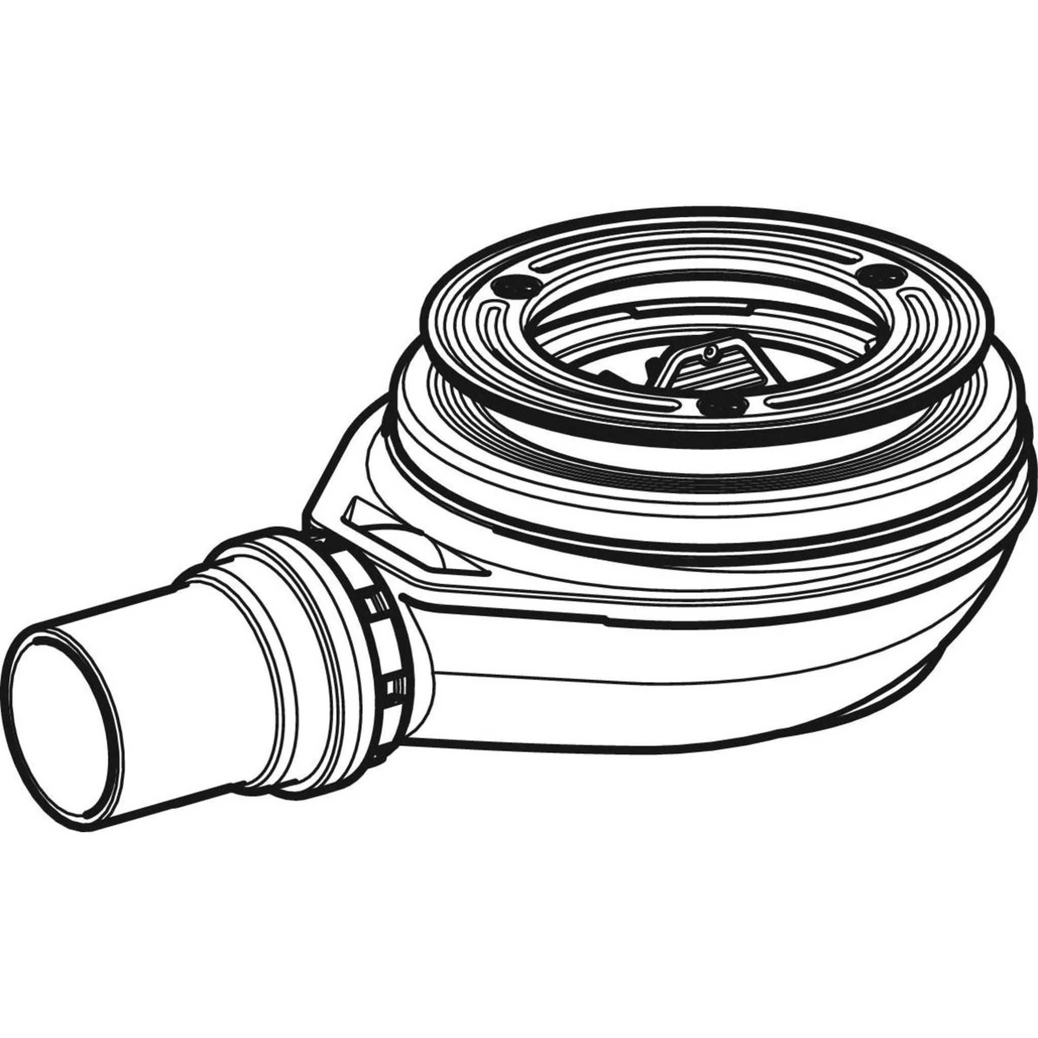 Schwarz-Weiß-Illustration eines kreisförmigen mechanischen Teils mit einem seitlichen Ausgangsrohr, wahrscheinlich eine HLK-Lüftung oder ein Gebläsekomponent.