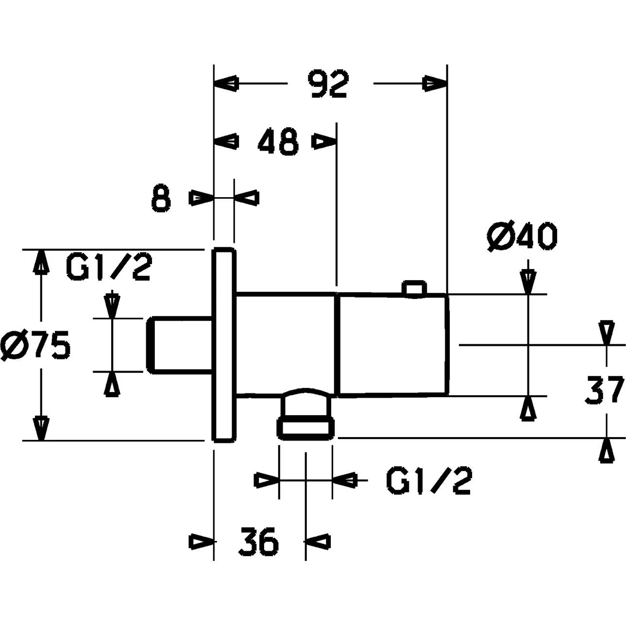 Technische Zeichnung einer zylindrischen Rohrbefestigung mit den Abmessungen 92, 48, 36, 37, 8, Ø75, Ø40 und G1/2-Anschlüssen.