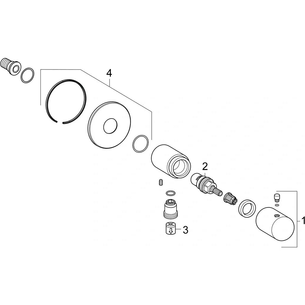 Explodierte technische Zeichnung einer kleinen mechanischen Baugruppe mit nummerierten Teilen 1–4, die Dichtungen, Ringe, eine Welle und zylindrische Gehäuse in Montagereihenfolge zeigt.