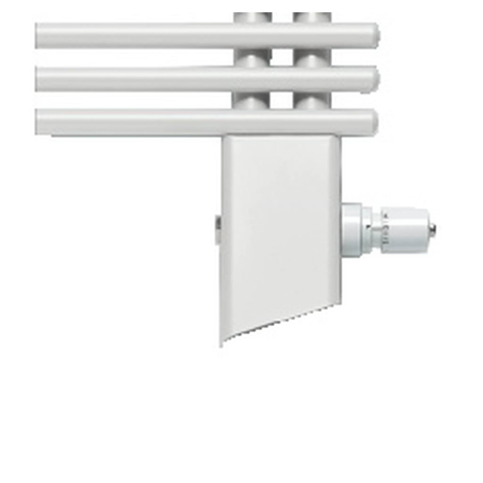 Weißer Handtuchwärmer mit drei horizontalen Stangen und einem Thermostatventil auf der rechten Seite.