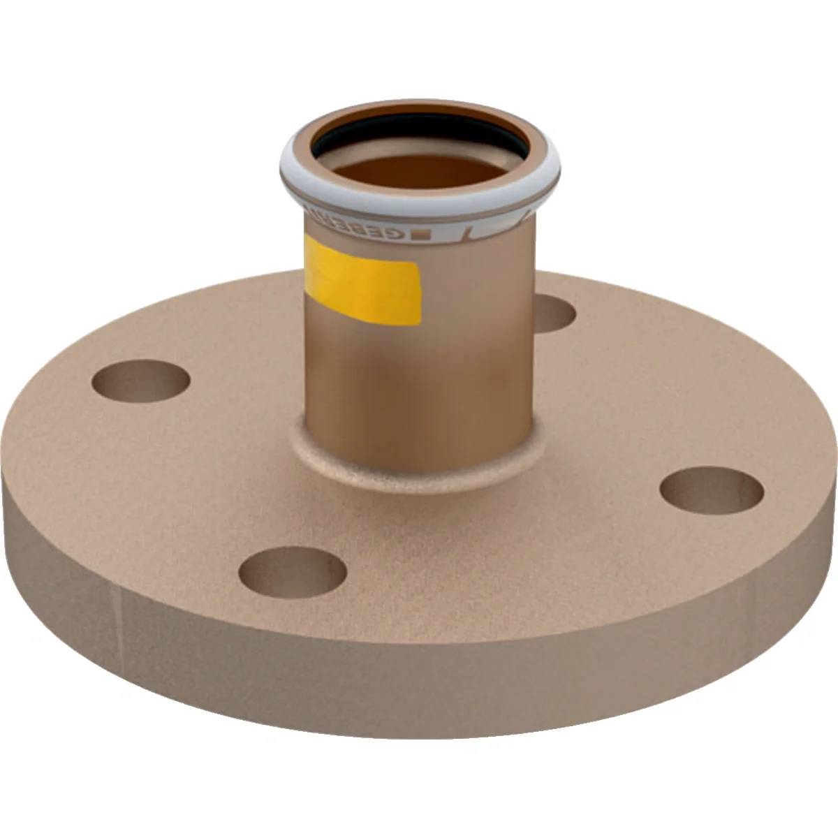 Ein rundes beigefarbenes Metallflansch mit vier Schraubenlöchern und einer zentralen zylindrischen Rohrffnung.