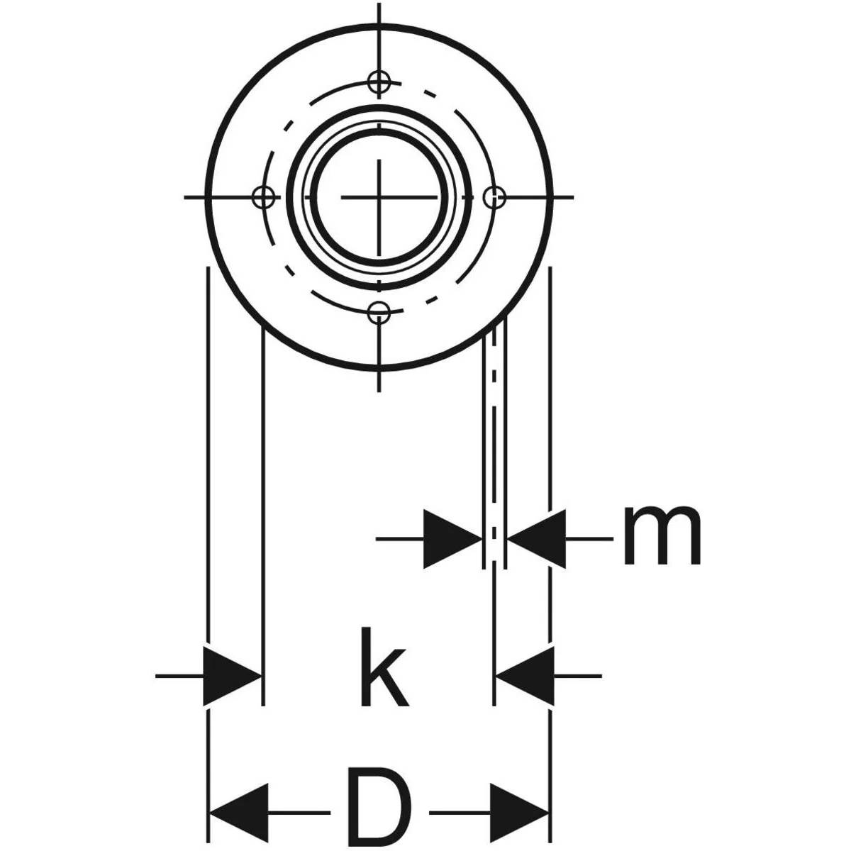 Technische Zeichnung eines kreisförmigen Bauteils mit Mittellinien und Bemaßungspfeilen mit den Bezeichnungen k, D und m, wobei gemessene Durchmesser und Abstände dargestellt sind.