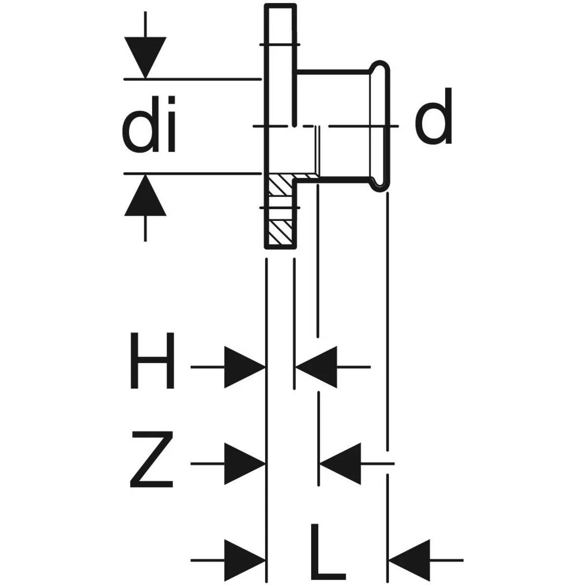 Technische Maßzeichnung einer Befestigung oder eines Bolzens, die beschriftete Messungen di, d, H, Z und L mit Pfeilen zeigt, die Durchmesser und Längen anzeigen.