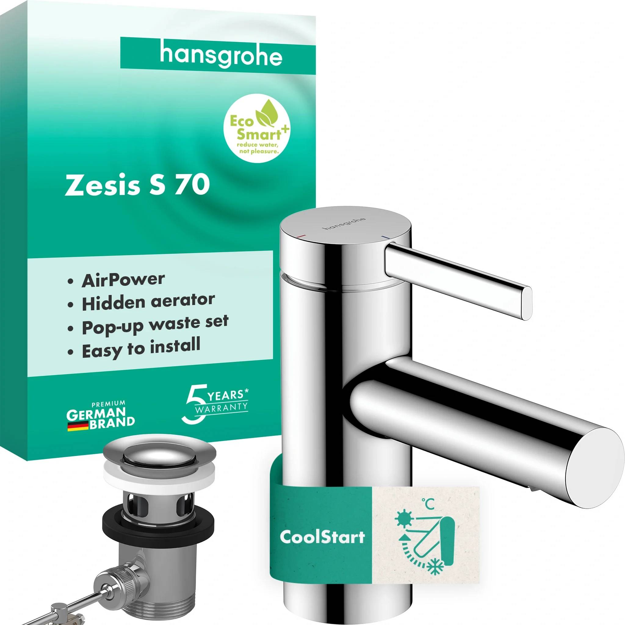 Produktbild eines Hansgrohe Zesis S 70 Badezimmerwasserhahns mit Ablaufgarnitur, der EcoSmart, AirPower, versteckten Luftsprudler und einfache Installation zeigt.