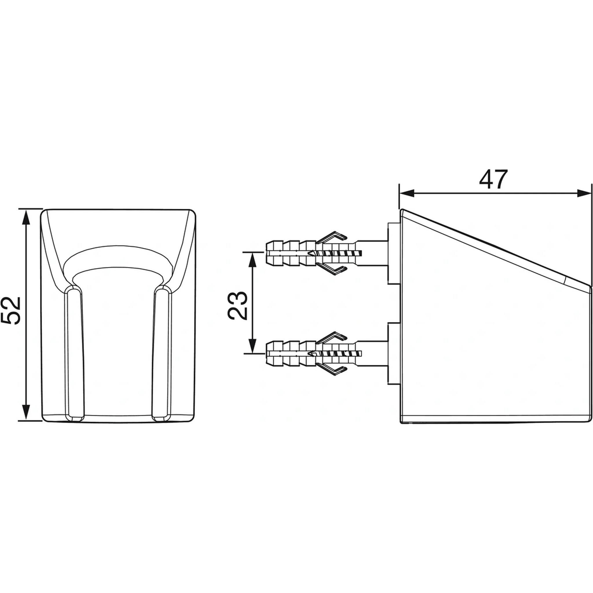 Technische Linienzeichnung eines Wandsteckers/einer Wanddübel mit Seiten- und Vorderansicht, die Abmessungen von 52, 47 und 23 mm zeigt sowie zwei eingesetzte Dübel.