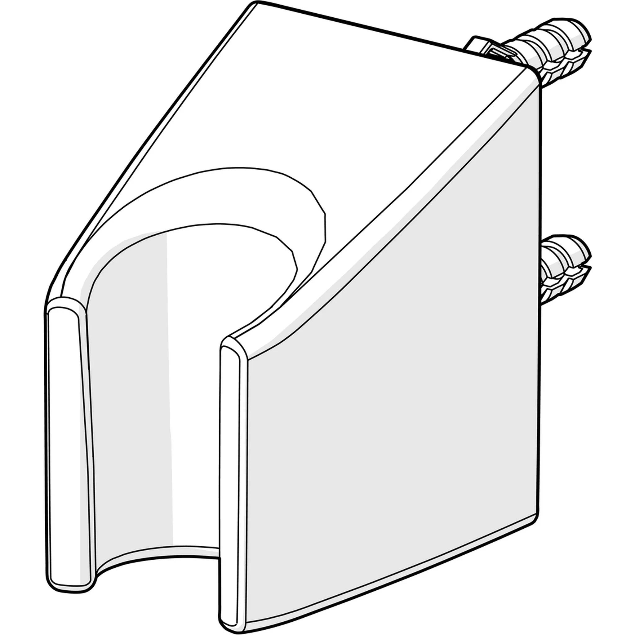 Technische Linienskizze eines wandmontierten Toilettenpapierhalters mit teilweise geöffneter Frontabdeckung und seitlicher Befestigungshardware.