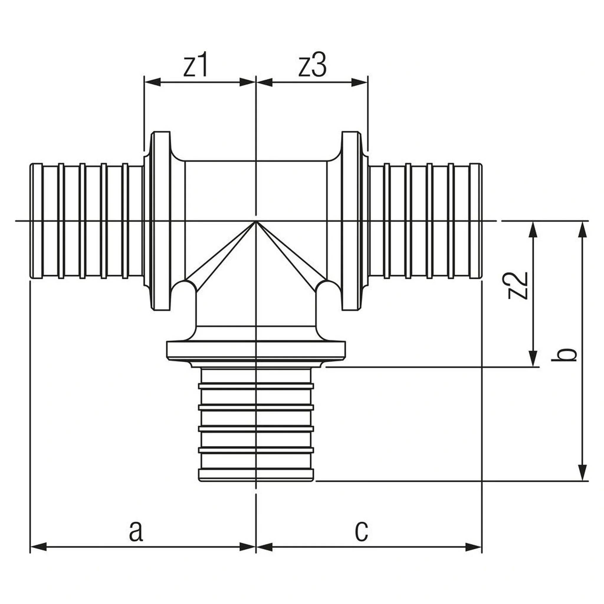 Technische Strichzeichnung eines T-förmigen Schlauchverbinders mit drei gerillten Anschlüssen und Beschriftungen der Abmessungen a, b, c, z1, z2 und z3.