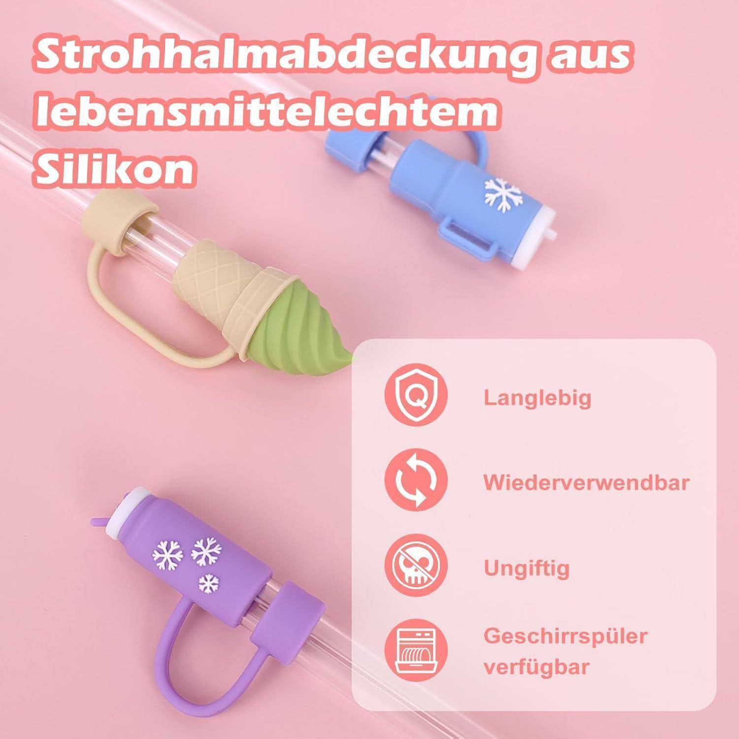 Drei Silikonstrohhalm-Abdeckungen in Lila, Blau und Grün, mit aufgeführten Merkmalen: 'Lang­le­big', 'Wie­der­ver­wend­bar', 'Un­giftig', 'Ge­schirr­spü­ler ver­füg­bar'.