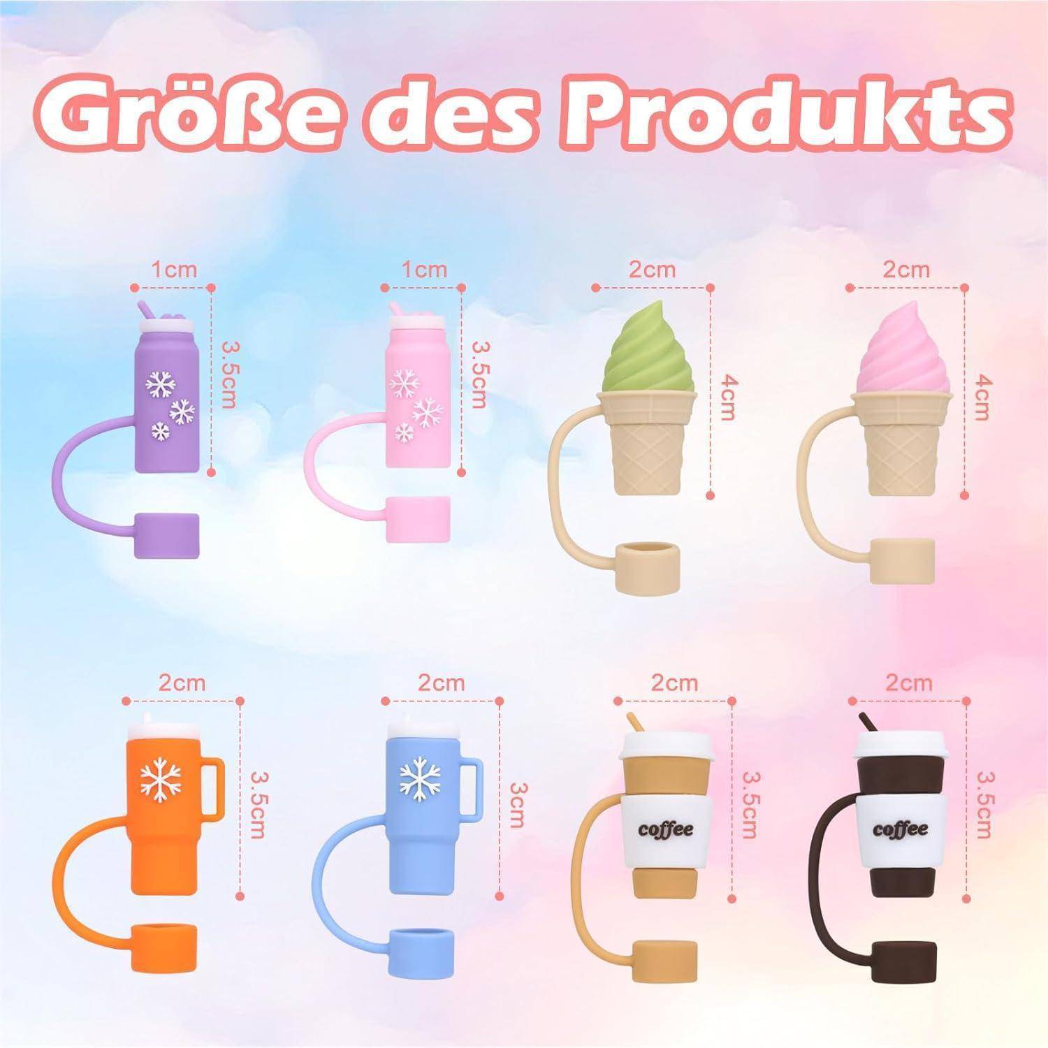 Sechs bunte Getränke-Schlüsselanhänger-Designs mit Größenangaben: rosa Milchkarton, grüne Eistüte, braune Eiskaffeetasse etc.