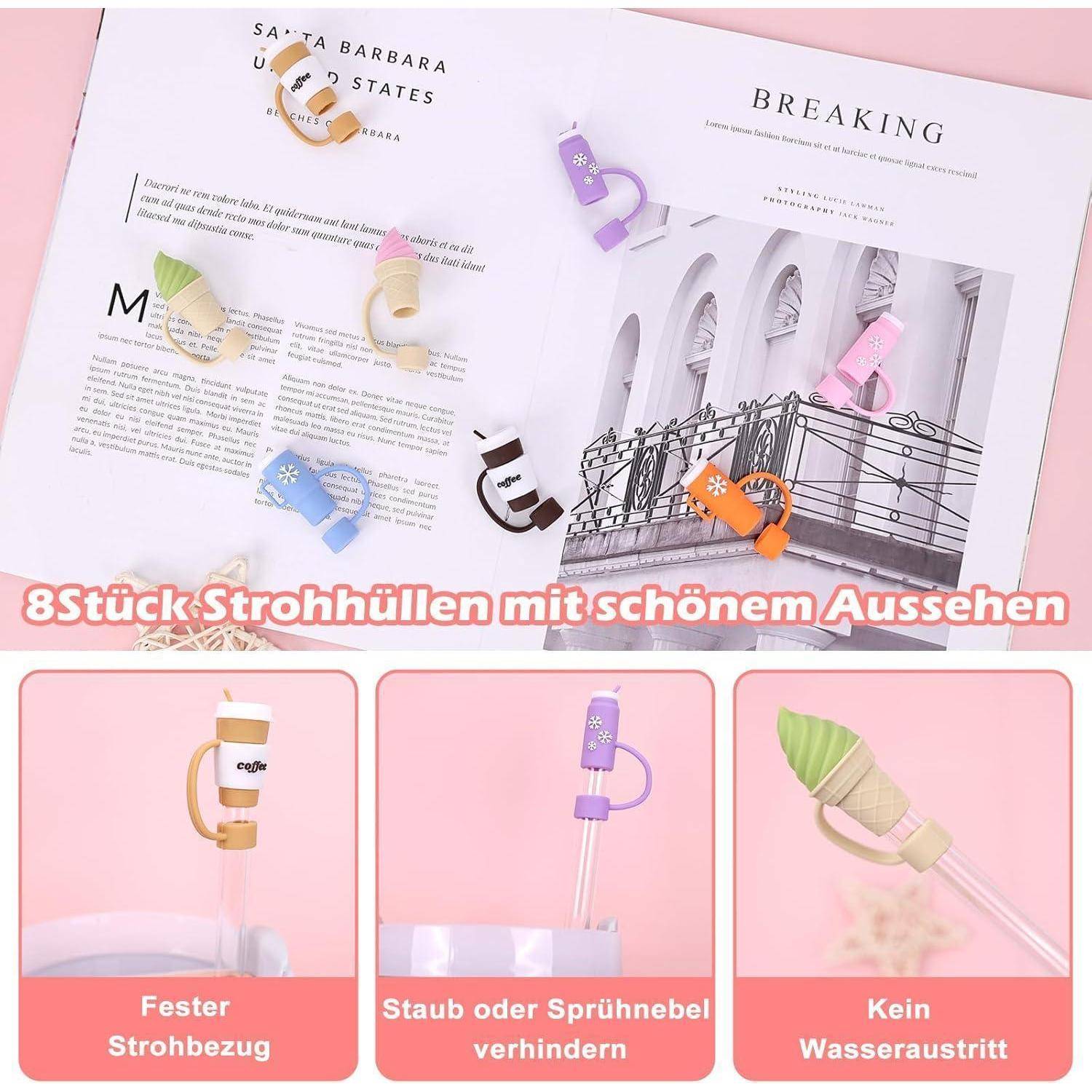 Aufgeschlagenes Buch mit Artikel mit der Überschrift BREAKING. Verschiedene Silikonstrohüberzüge in Tierformen auf den Seiten. Darunter drei Bilder mit Strohüberzügen: 'Fester Strohbezug', 'Staub oder Sprühen verhindern', 'Kein Wasseraustritt'.