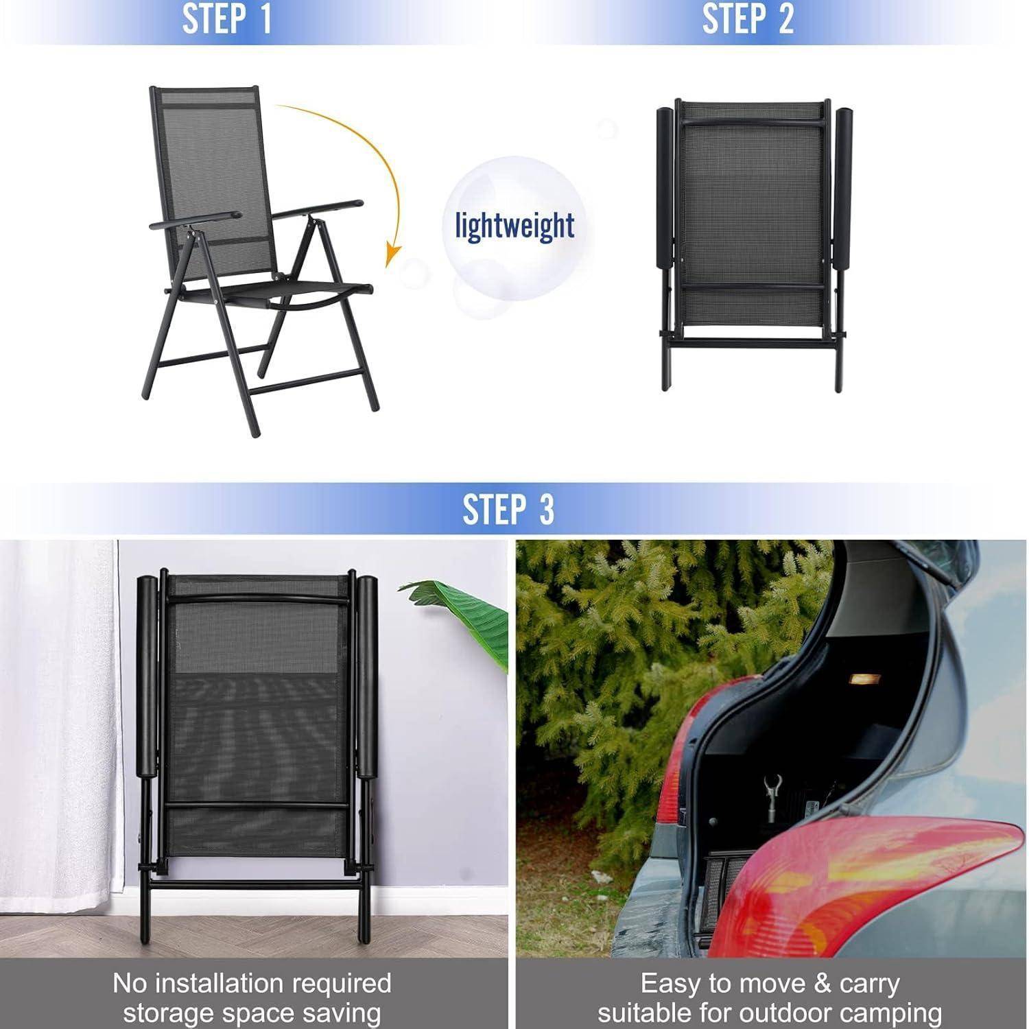Schritt 1: Klappen Sie den Klappstuhl auf. Schritt 2: Schließen Sie den Stuhl. Leicht. Schritt 3: Lagern Sie ihn im Innenbereich oder im Kofferraum für Camping und einfachen Transport.