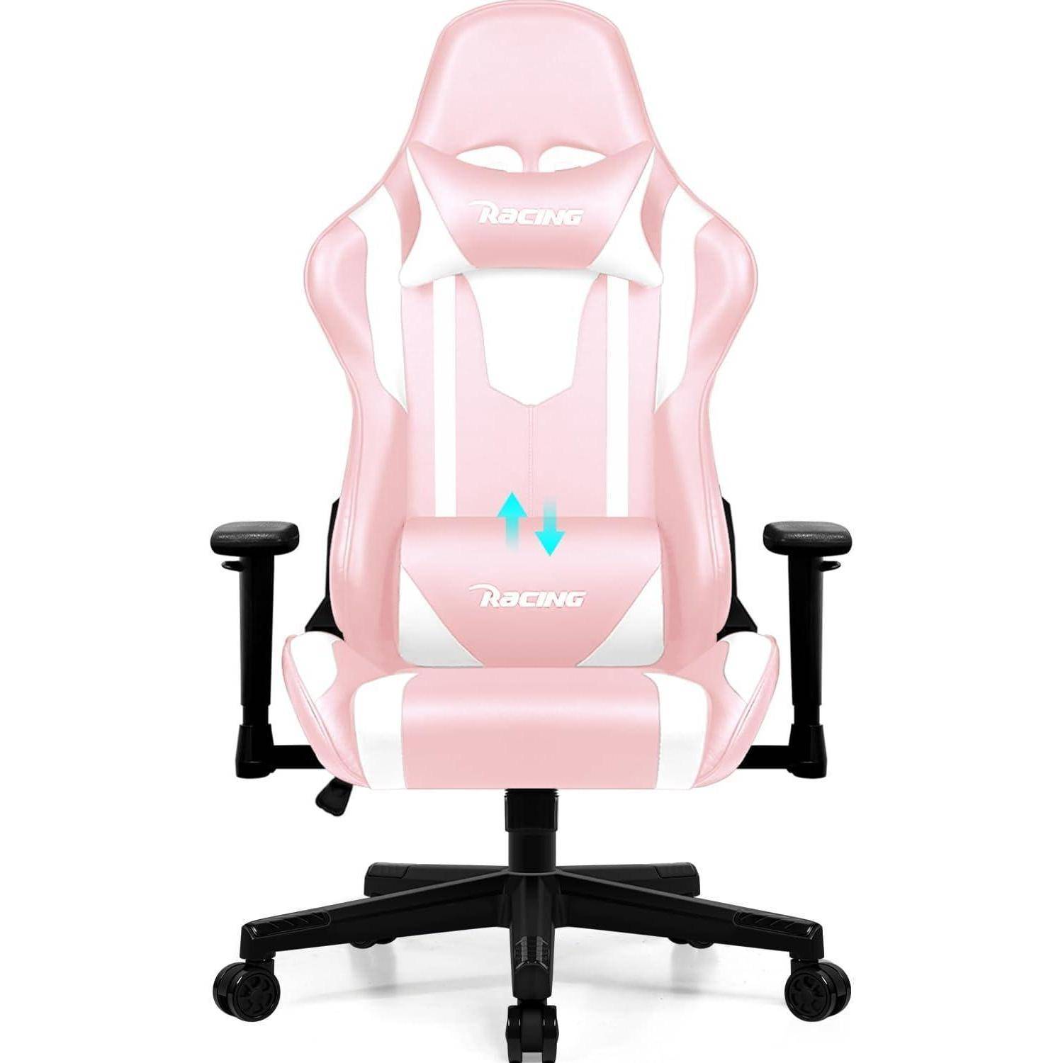 Rosa und weiße Gaming-Stuhl mit verstellbaren Armlehnen und Lordosenstützkissen.