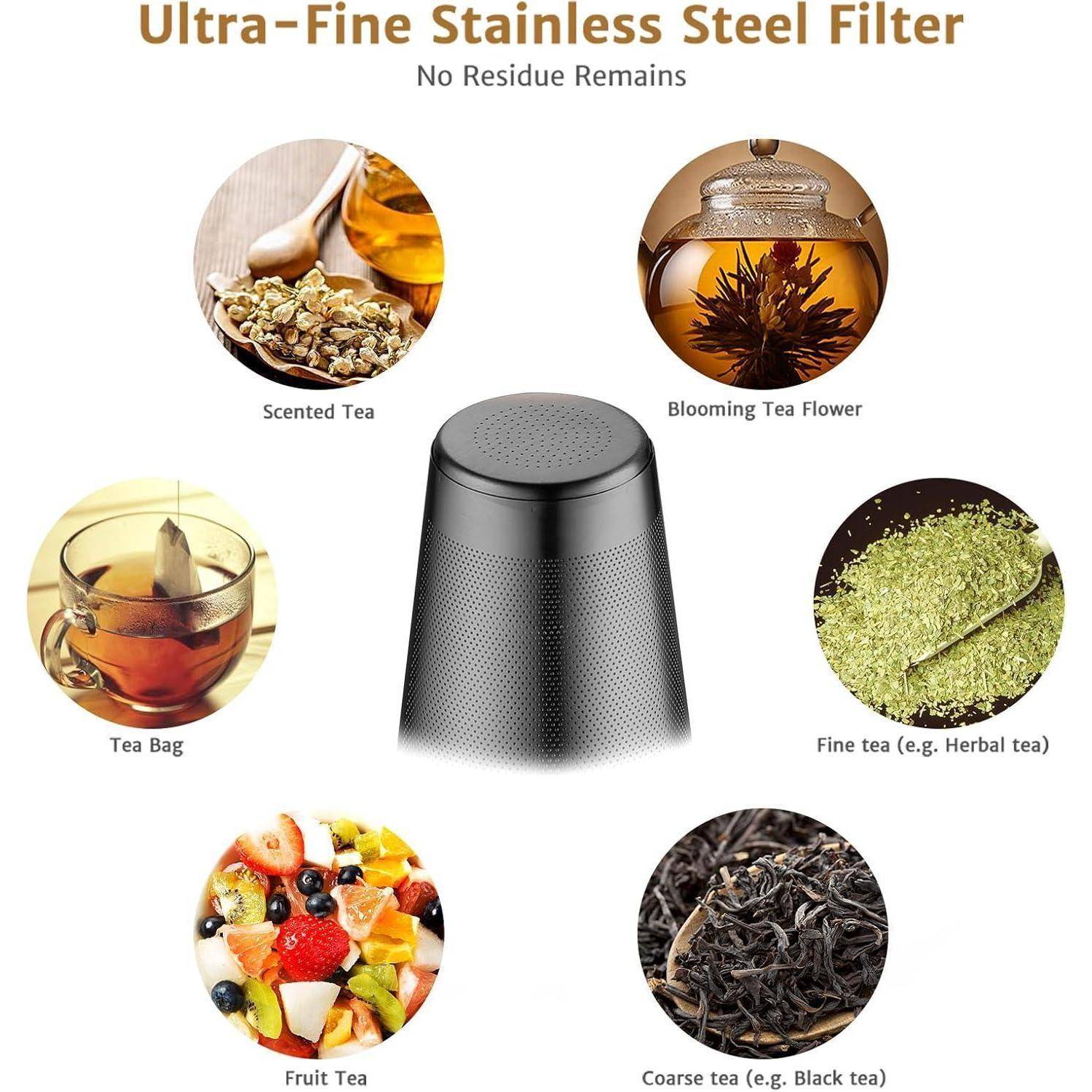 Ultra-feiner Edelstahlfilter: Kein Rückstand bleibt.' Bild zeigt einen Filter, umgeben von Teesorten: aromatisiert, blühend, Teebeutel, fein, Früchte und grob.
