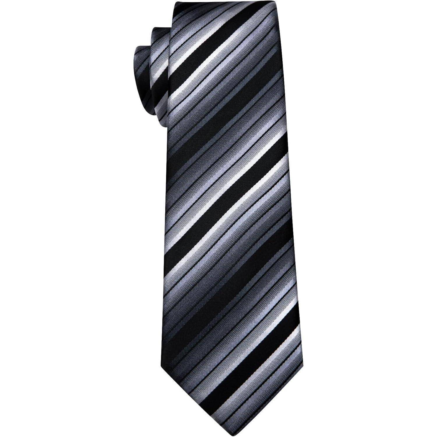 Eine Krawatte mit einem Muster aus diagonalen Streifen in verschiedenen Grautönen und Schwarz, die einen eleganten und professionellen Eindruck vermittelt.