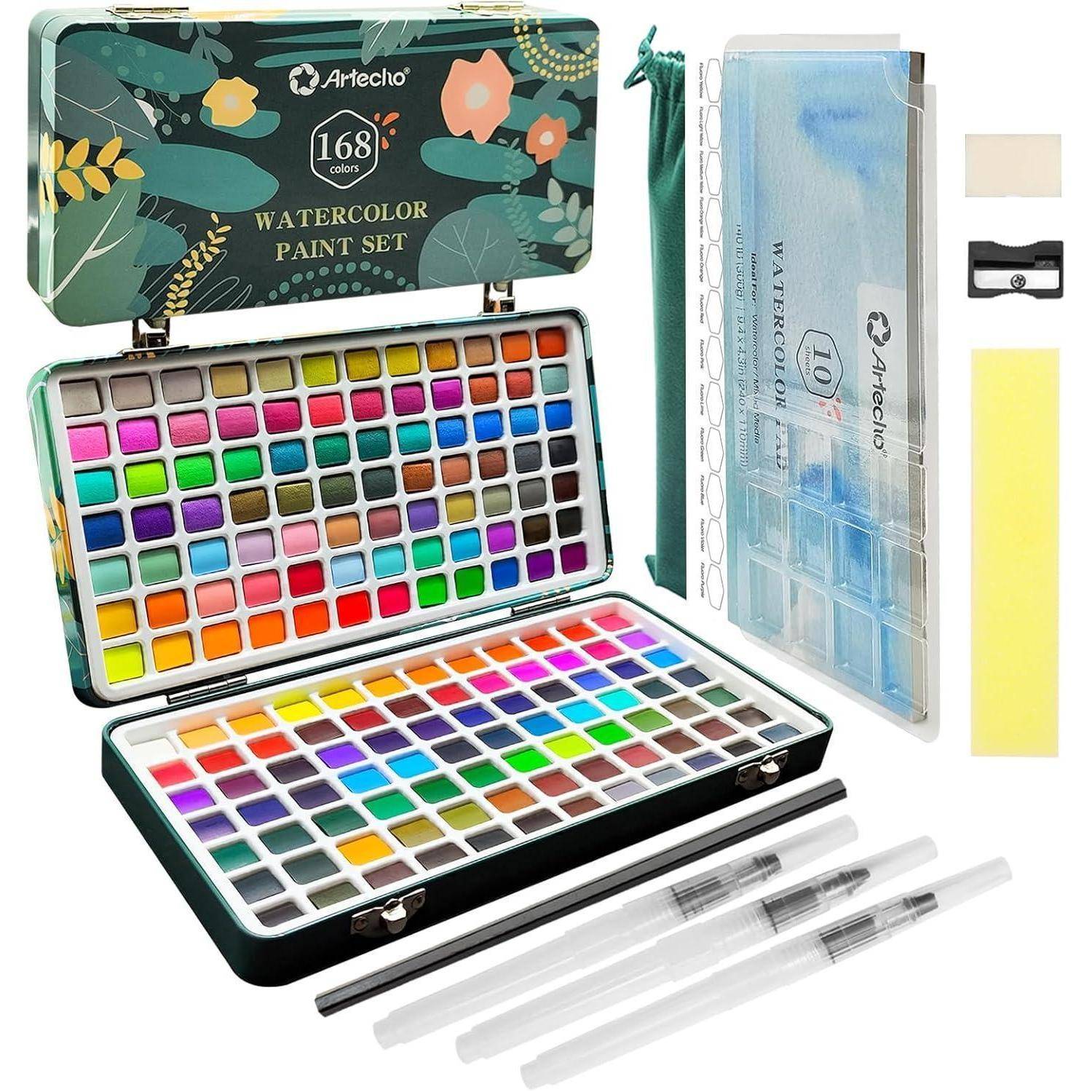 Aquarellfarben-Set mit 168 Farben in einer Blechdose mit Blumenmuster, inklusive Wasserpinsel, Mischpalette und einer Tragetasche.