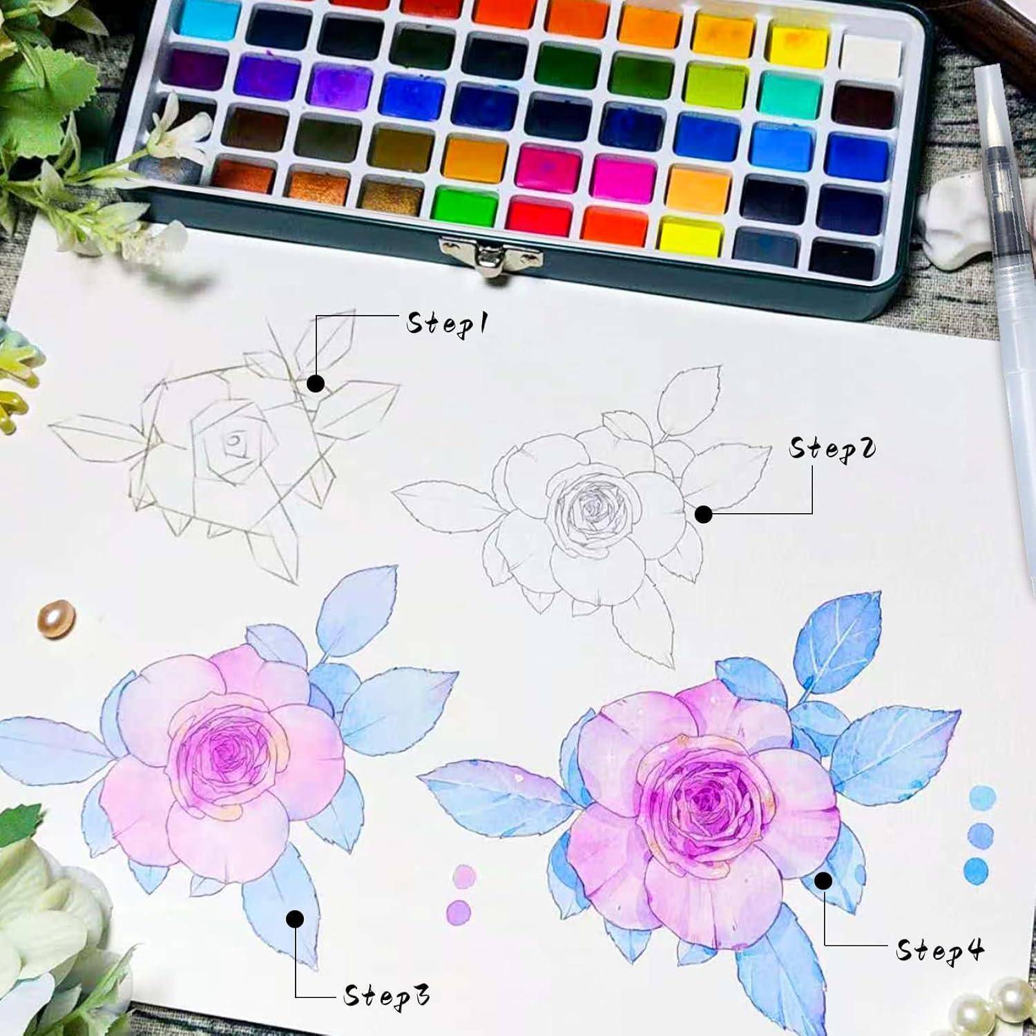Aquarell-Malprozess: Schritt-für-Schritt-Anleitung, die den Fortschritt von leichten Skizzen bis hin zu lebendigen, mehrfarbigen Blumen zeigt.