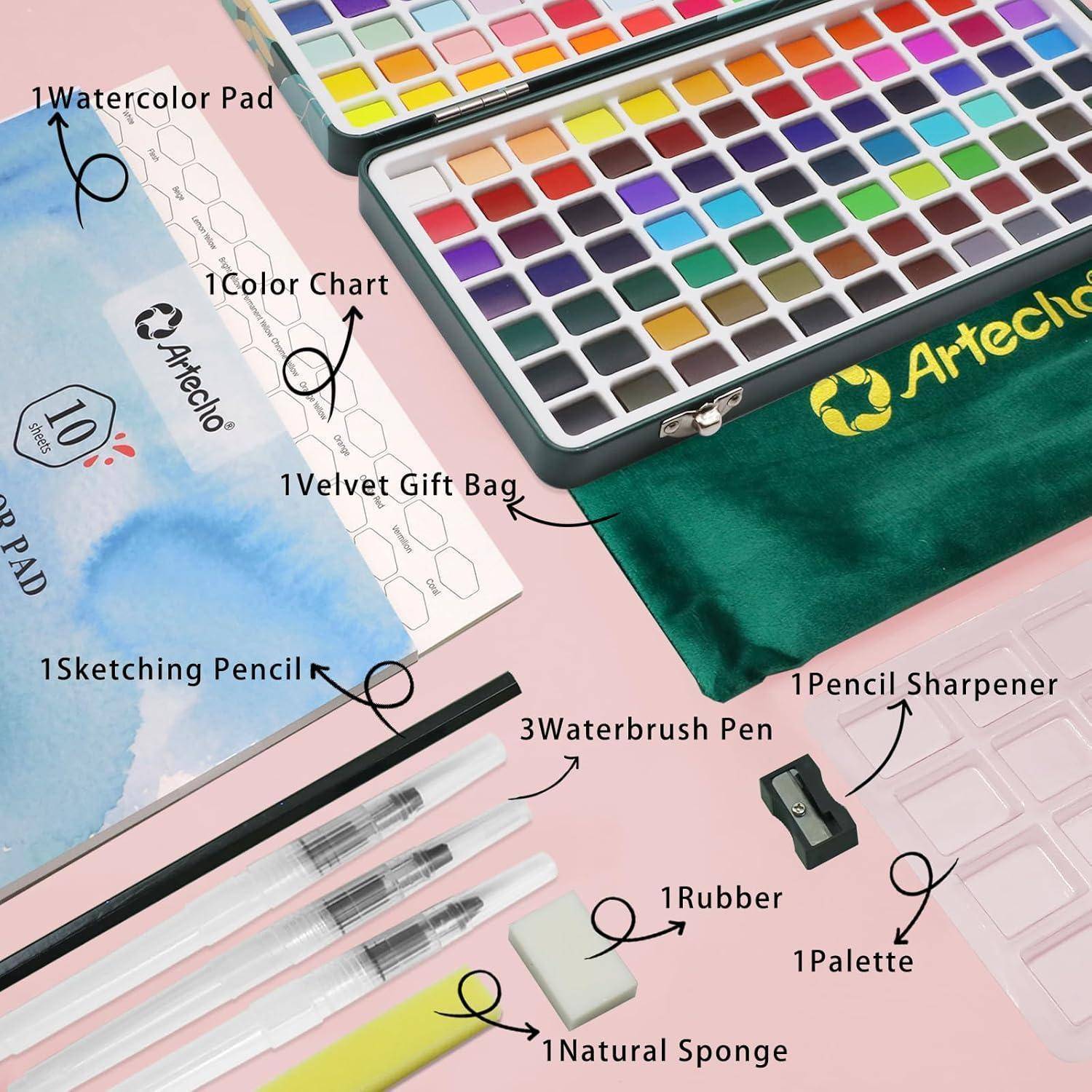 Ein Aquarellmalset mit einer Vielzahl von Materialien, einschließlich einer bunten Palette, einem Wasserpinsel, einem Malblock, einem Bleistiftspitzer und einem Samtgeschenkbeutel.