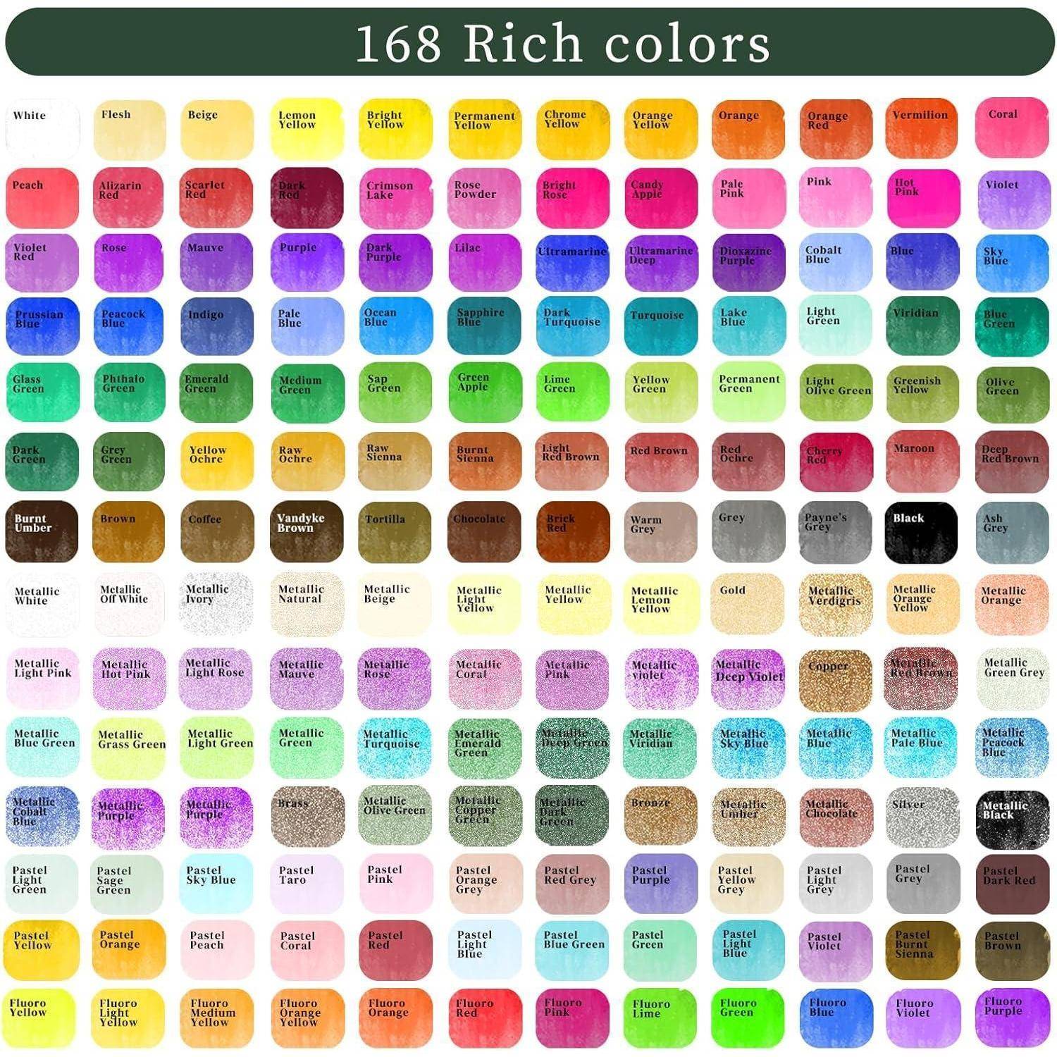 168 Reichhaltige Farben' Palettengitter, das benannte Farbmuster zeigt, die von Weißtönen, Rot- und Blautönen bis hin zu Metallic-Farben reichen, mit vielfältigen Schattierungen und Nuancen.