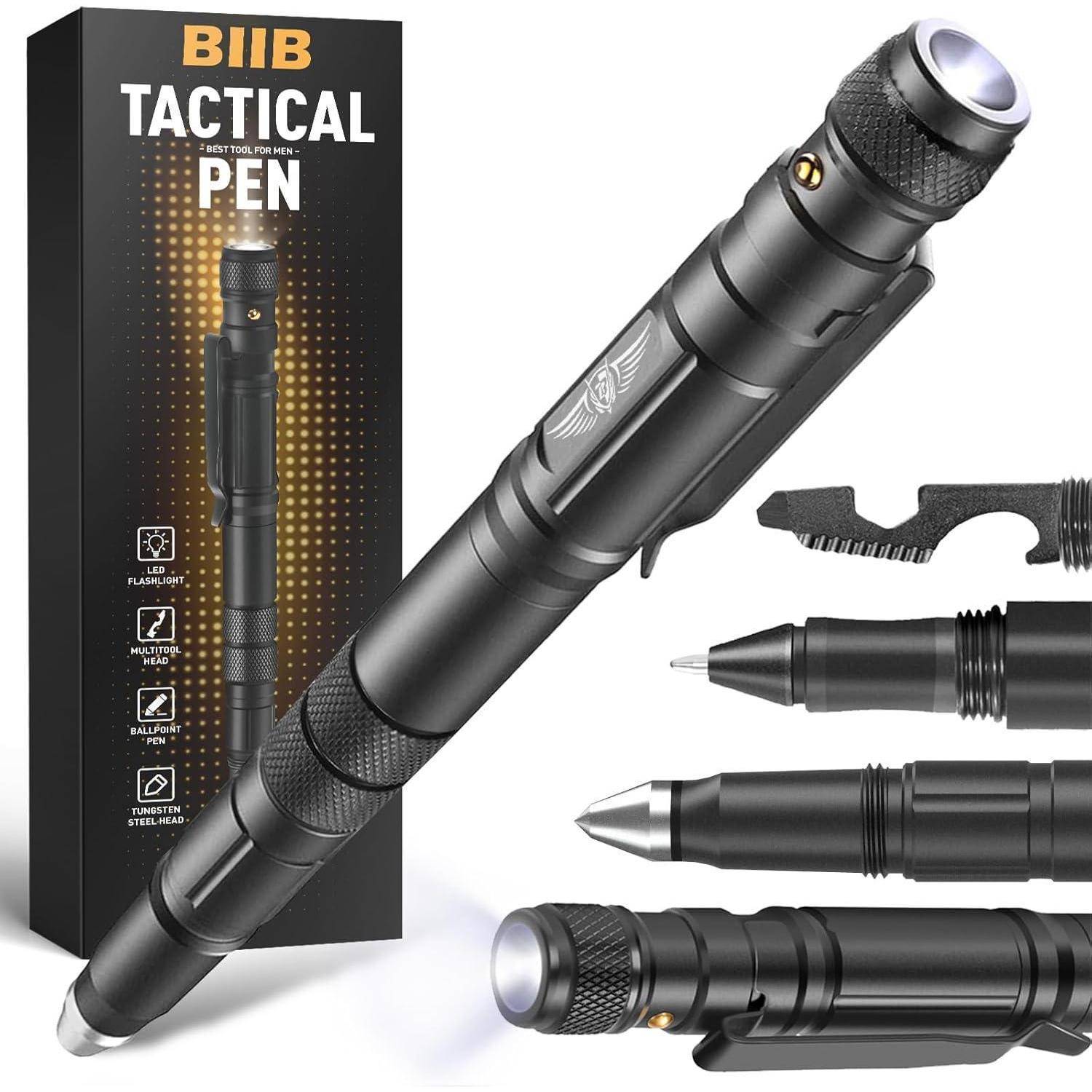 Taktischer Stift neben einer Box mit der Aufschrift „BIIB Tactical Pen