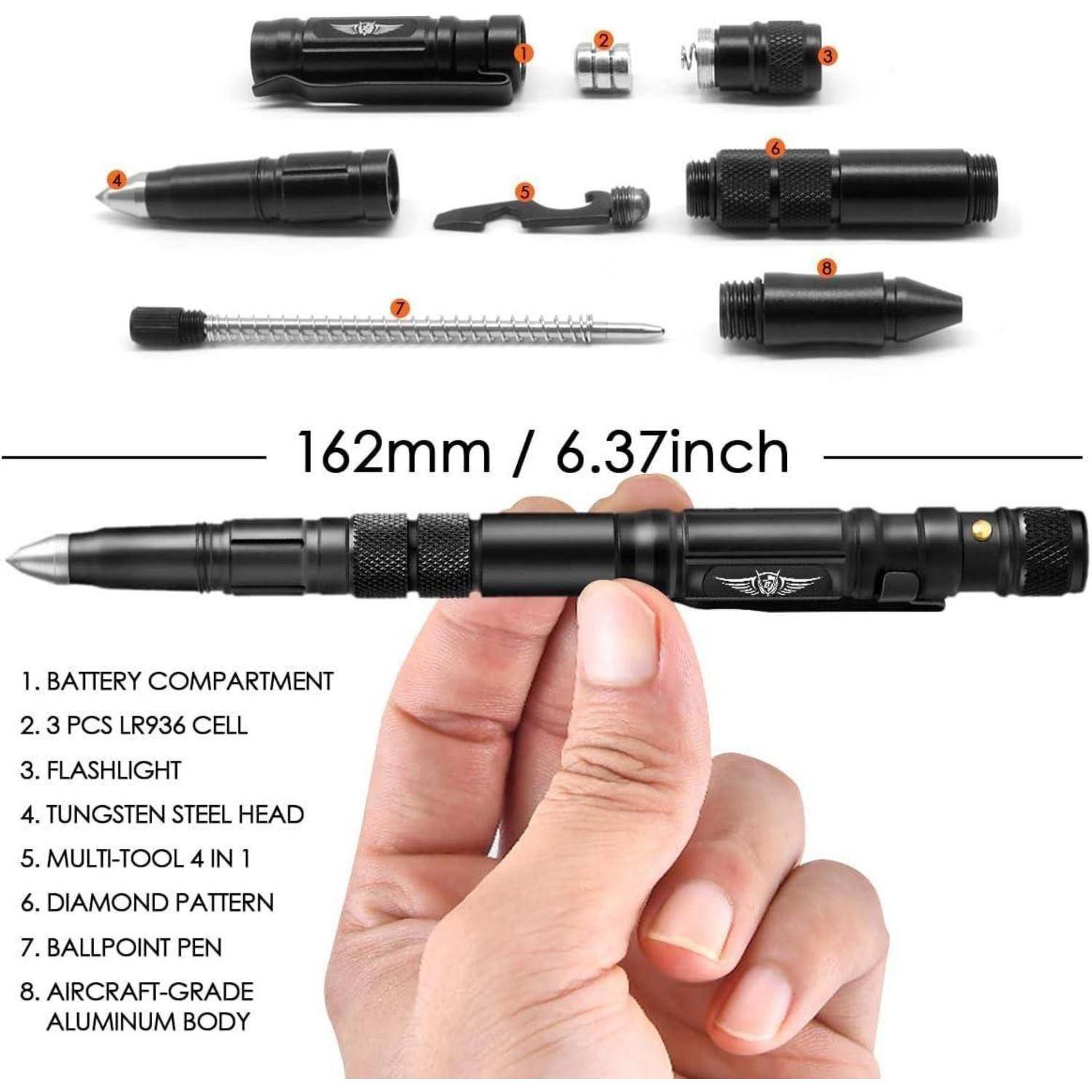 Taktischer Stift mit Komponenten: Taschenlampe, Wolframstahl-Kopf, Multifunktionswerkzeug. Abmessungen: 162mm/6,37 Zoll. Funktionen aufgelistet.