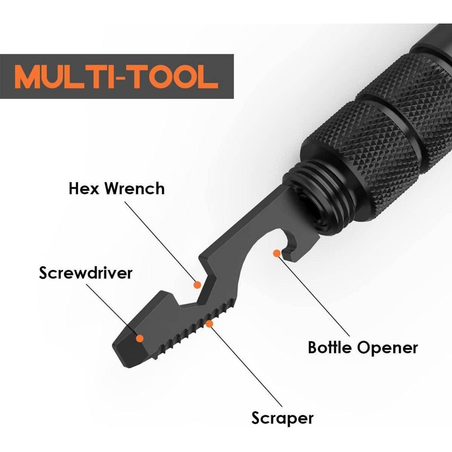 Multi-Tool': Bild zeigt ein schwarzes Multitool mit Beschriftungen für Sechskantschlüssel, Schraubendreher, Flaschenöffner und Schaberfunktionen.