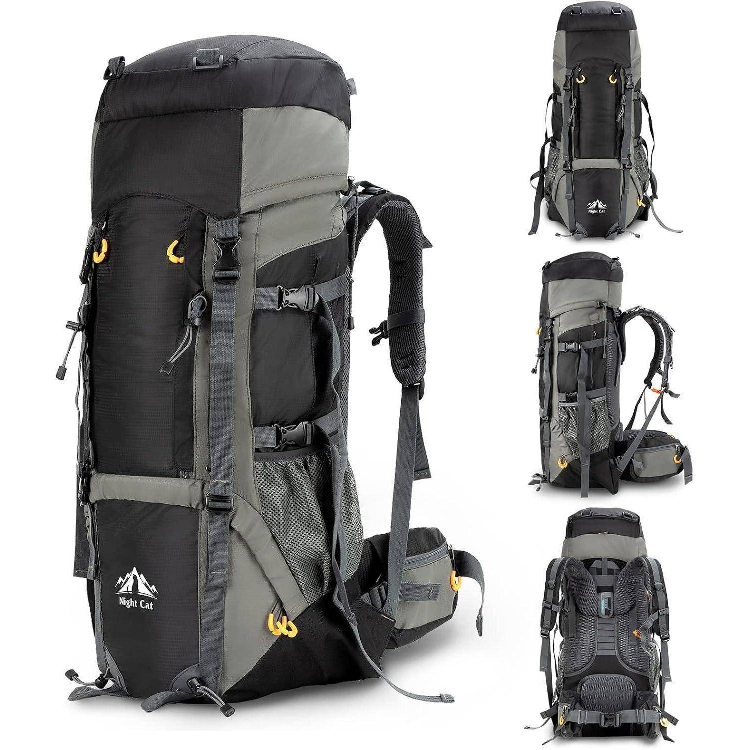 Grauer und schwarzer Wanderrucksack mit mehreren Riemen und Fächern, aus verschiedenen Blickwinkeln dargestellt. Markenlogo: 'Night Cat'.