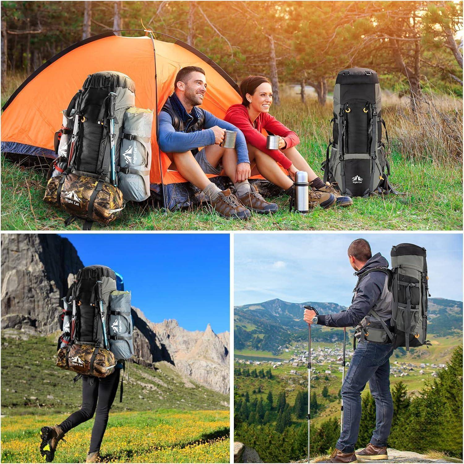 Zwei Personen sitzen vor einem orangefarbenen Zelt auf Gras, mit Rucksäcken und einer Thermoskanne, in einer sonnigen, bergigen Landschaft. Darunter befinden sich zwei Bilder von Rucksackreisenden in malerischen Landschaften.
