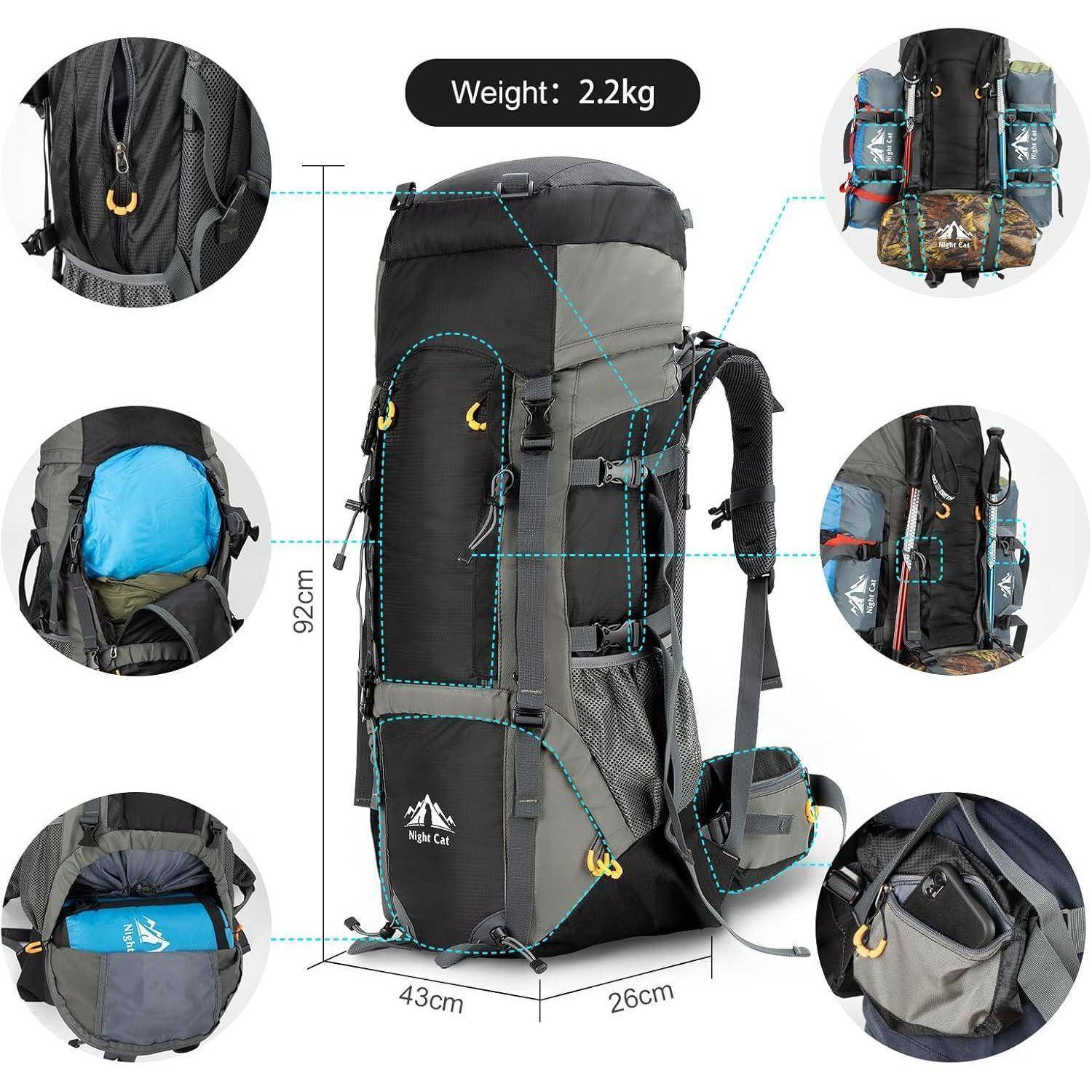 Ein großer schwarzer und grauer Wanderrucksack mit der Beschriftung 