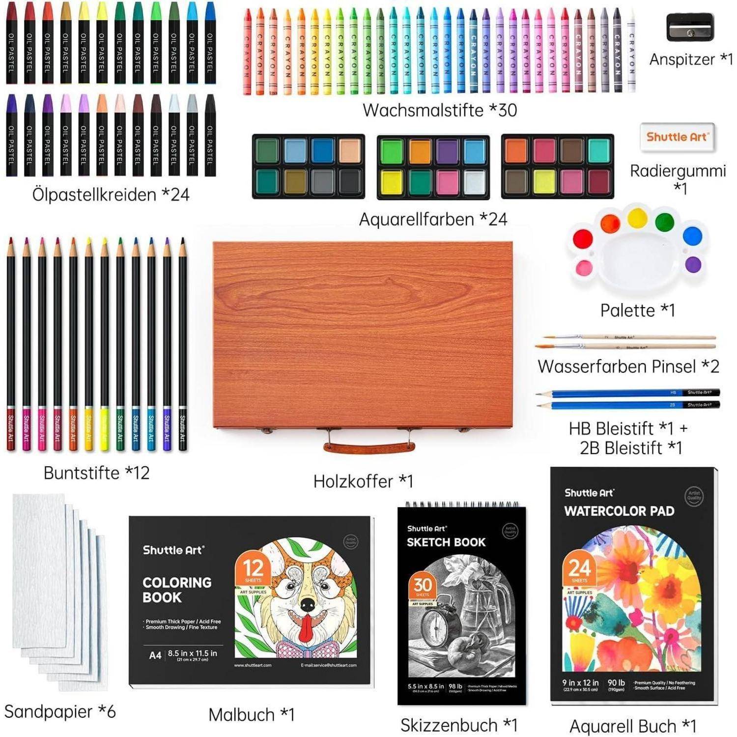 Kunstmaterialien-Set einschließlich Ölpastellkreiden, Wachsmalkreiden, Aquarellfarben, Buntstiften und Aquarellstiften. Enthält Zubehör: Palette, Anspitzer, Radiergummi, Pinsel, Skizzenbücher und Tragetasche.