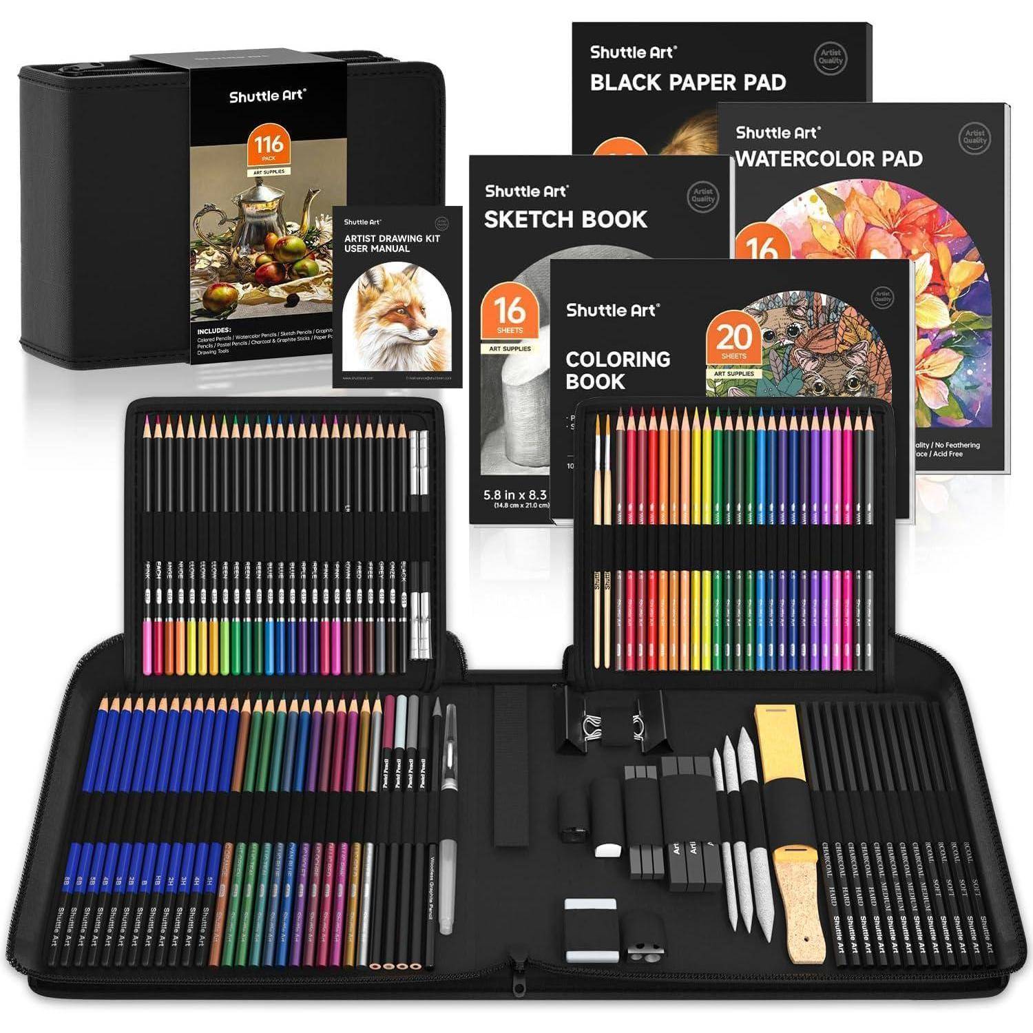 Kunstset mit 116 Teilen, einschließlich Buntstifte, Skizzenbuch und Aquarellblöcke. Enthält lebendige Farben und eine Aufbewahrungsbox.