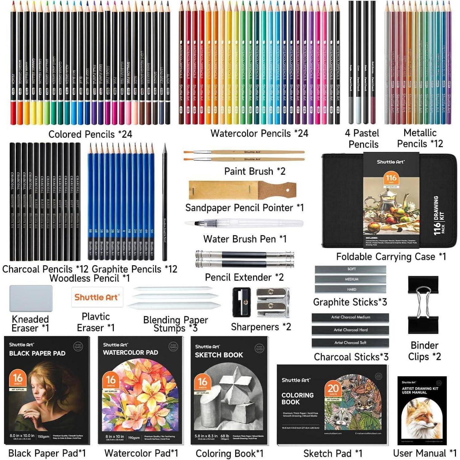 Künstlerbedarf-Set mit Farbstiften, Aquarellstiften, Pastellstiften, Graphitstiften, Kohlezeichenstiften, Pinsel, Radiergummi, Papierblock, Skizzenbuch, Anspitzer und Tragetasche.