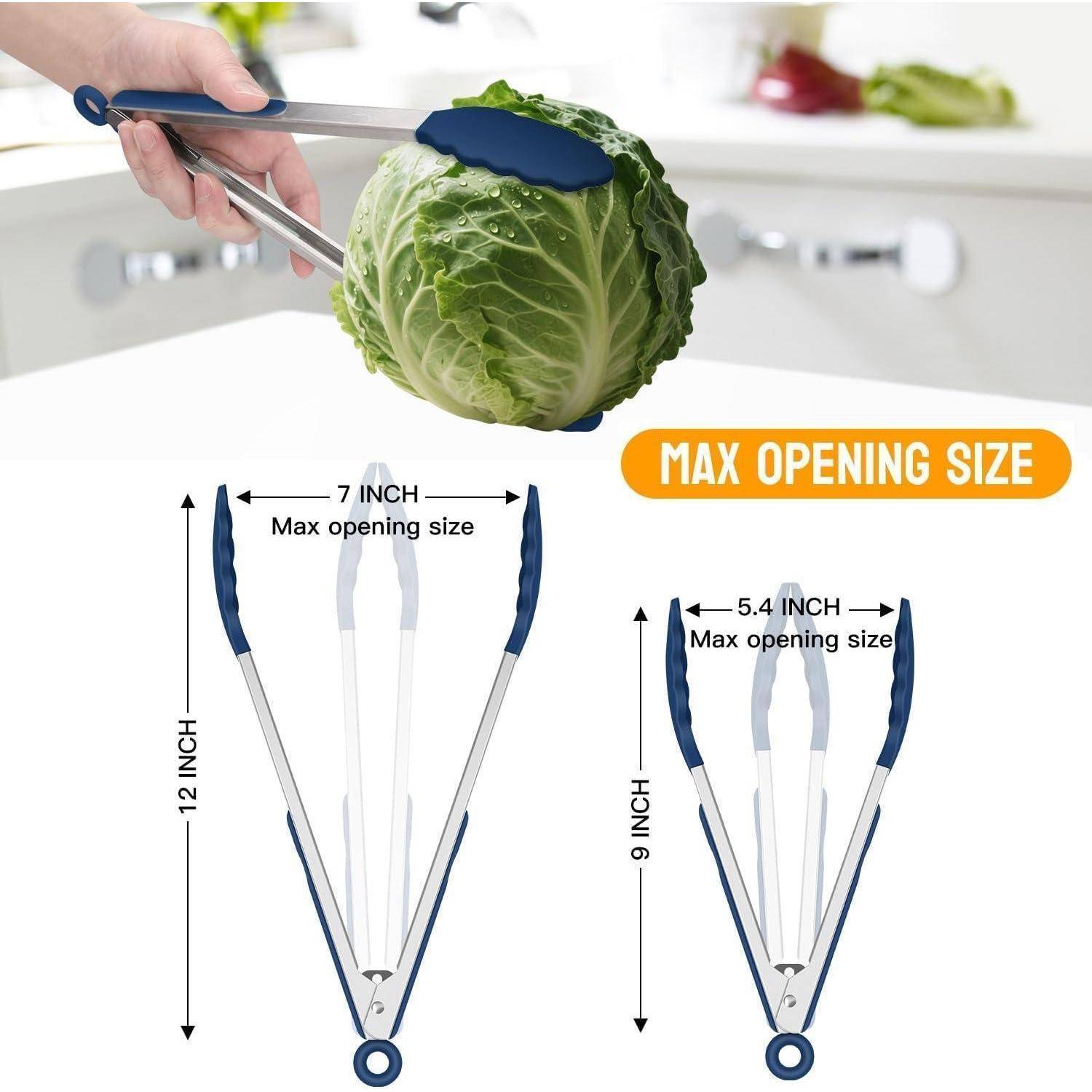 Zange, die einen großen grünen Kohl hält. Zwei Diagramme zeigen die Maße der Zange: maximale Öffnungsgröße von 7 Zoll und Längenvarianten von 12 und 9 Zoll.