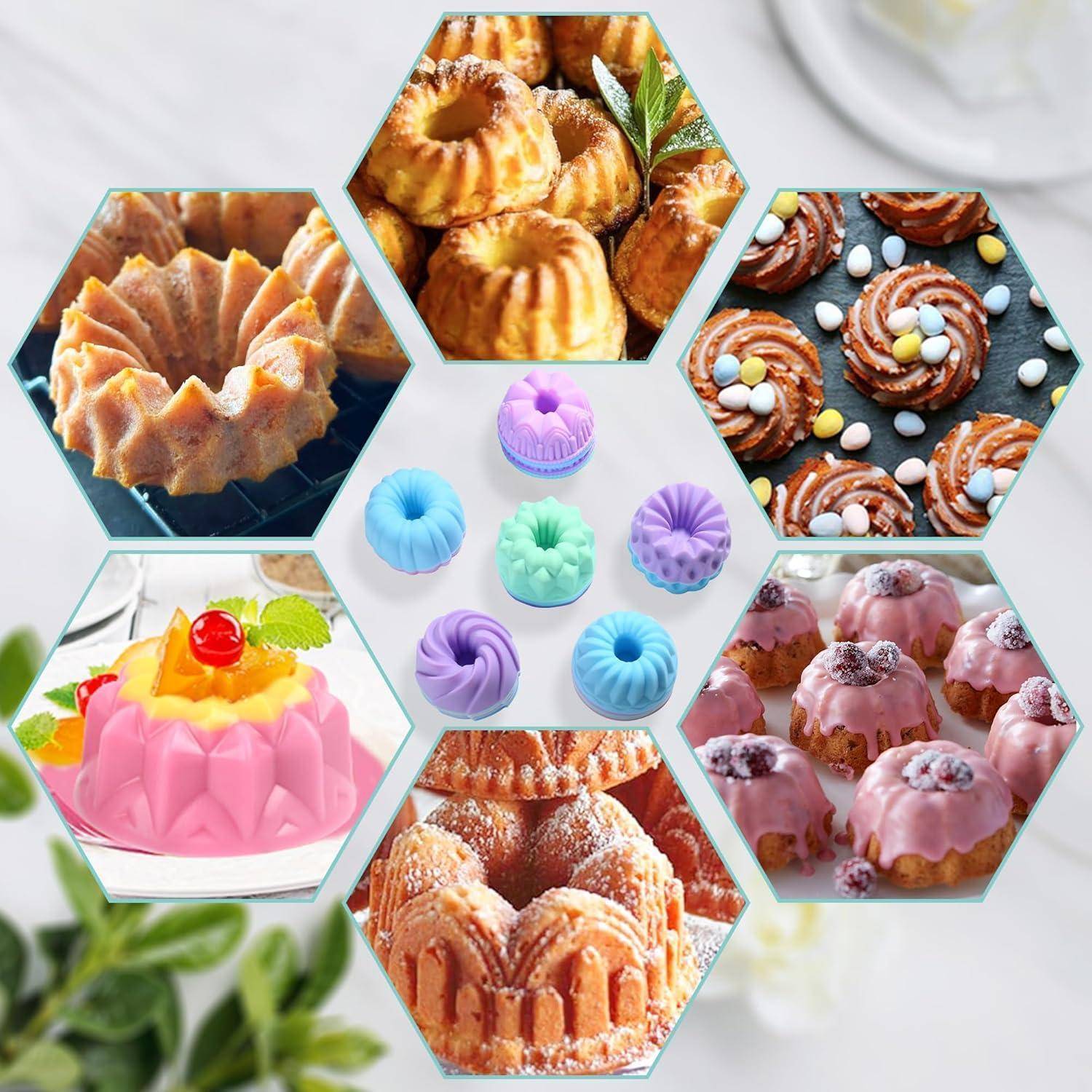 Verschiedene Bundt-Kuchen und Backformen in unterschiedlichen Farben und Designs sind in einem Sechseck-Raster-Muster auf einem hellen Hintergrund ausgestellt.