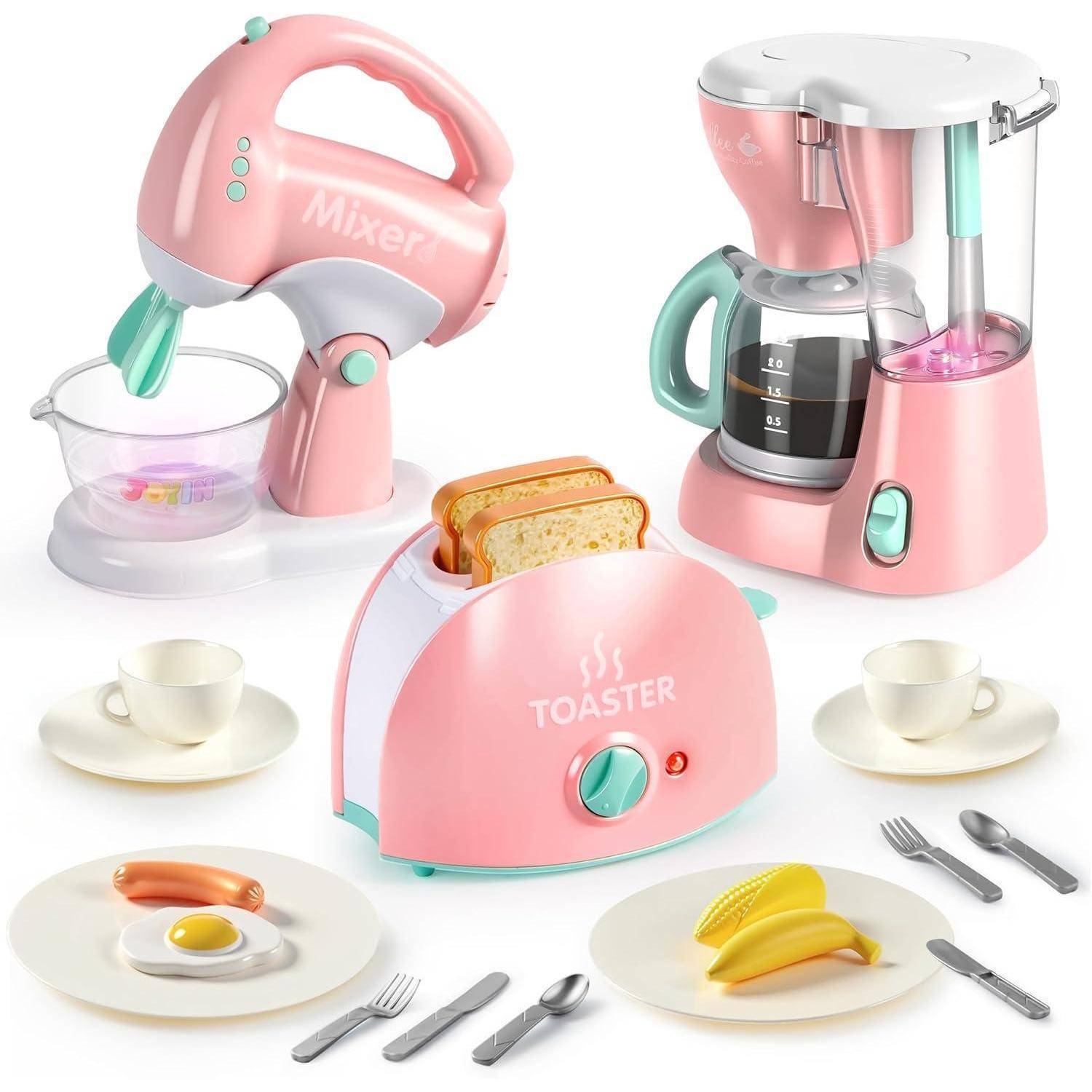 Rosa Spielküchen-Set mit Mixer, Kaffeemaschine und Toaster. Enthält Tassen, Teller mit Spielzeugessen und Besteck. Geeignet zum Rollenspiel.