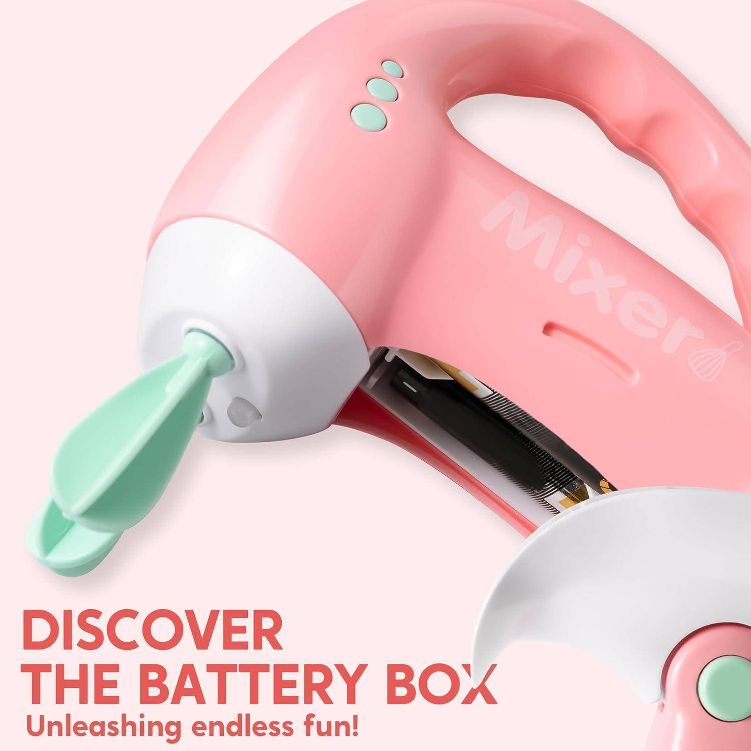Rosa Spielzeug-Mixer mit einer grünen Klinge auf einem hellpfirsichfarbenen Hintergrund. Text lautet: 'ENTDECKEN SIE DIE BATTERIEBOX Entfesseln Sie endloses Vergnügen!