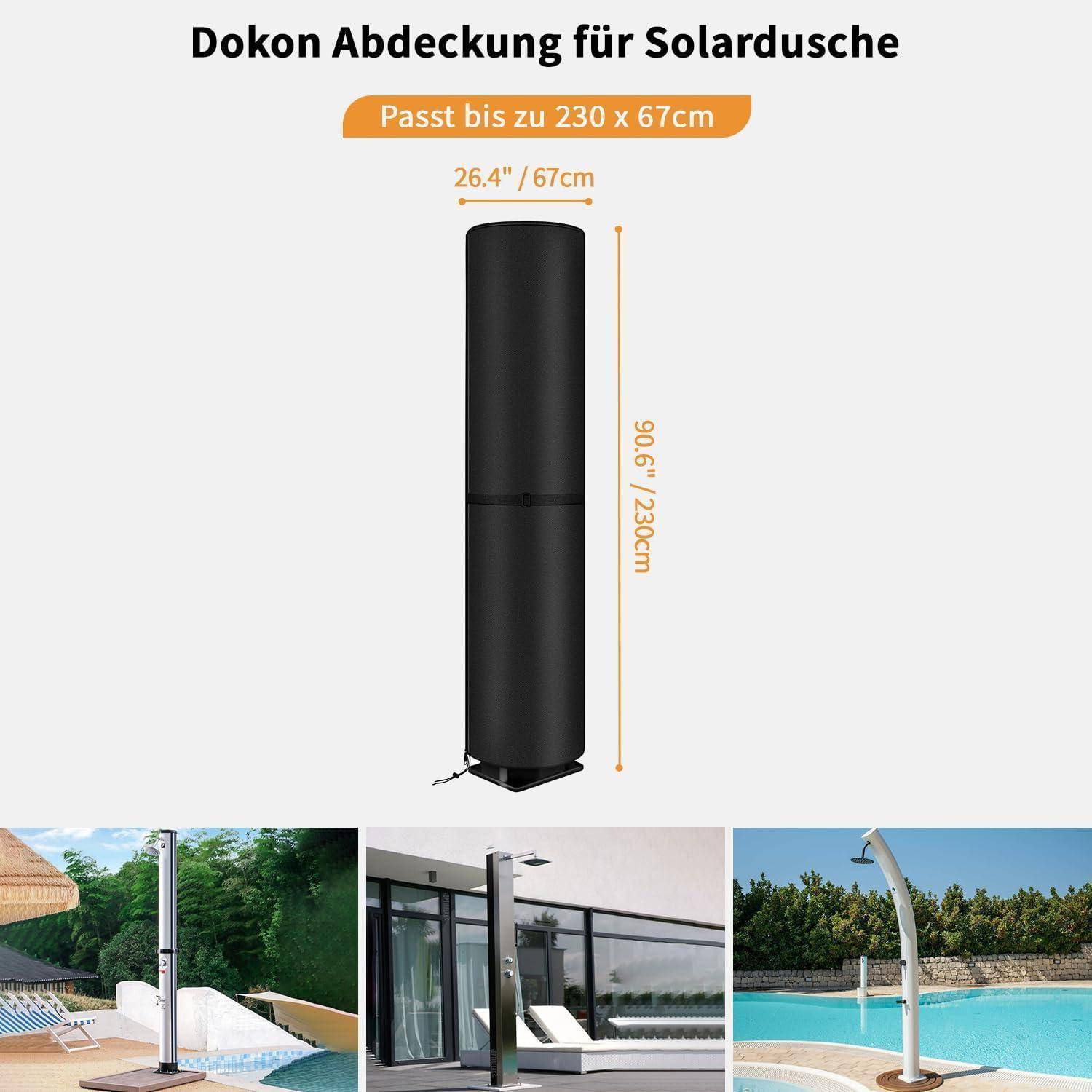 Eine hohe, schwarze Schutzabdeckung für eine Solardusche, passend für Abmessungen bis zu 230 cm Höhe und 67 cm Breite, in Außeneinstellungen gezeigt.