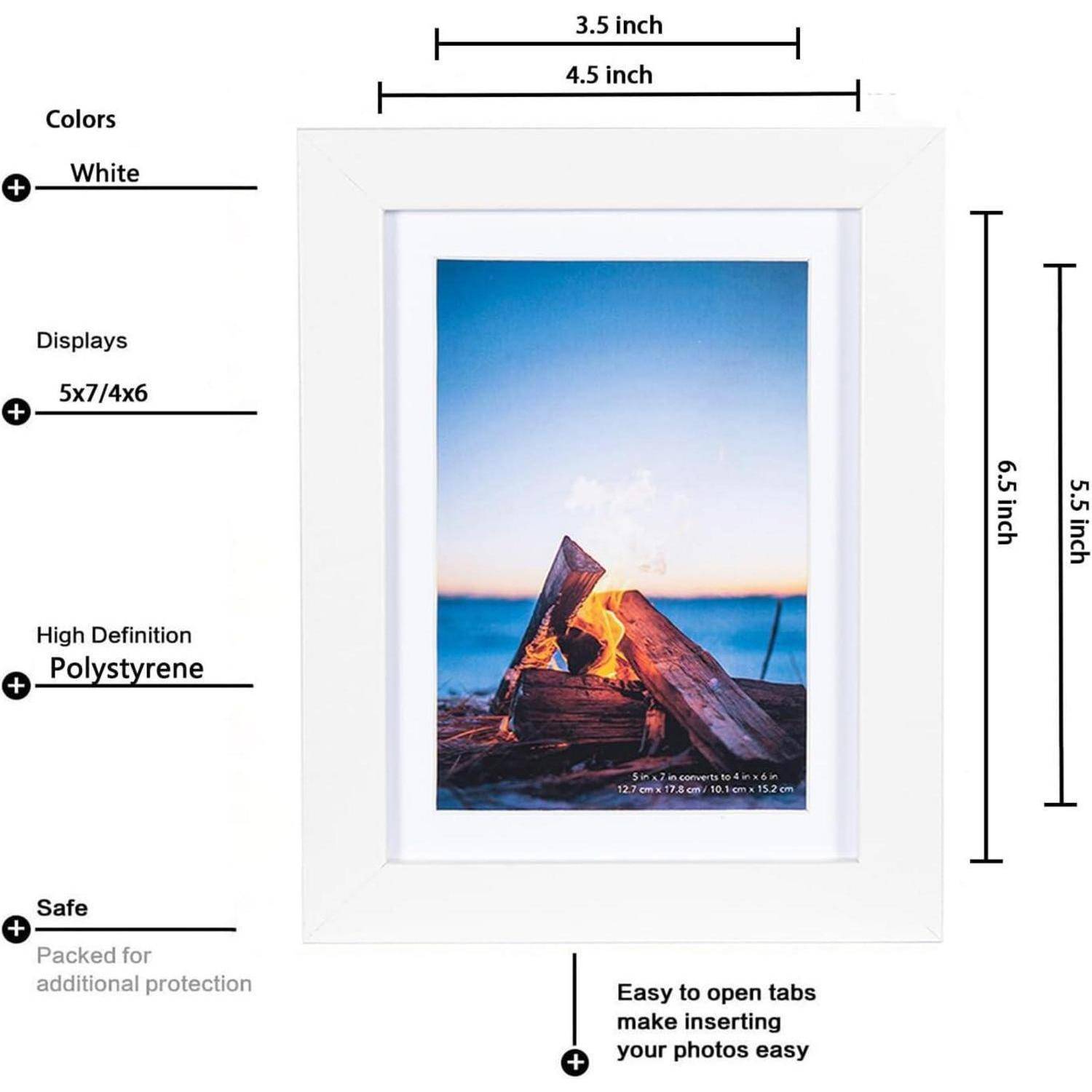 Ein weißer Fotorahmen in den Größen 5x7 oder 4x6 Zoll mit einem Bild eines Lagerfeuers am Strand. Abmessungen und Hauptmerkmale, wie das Polystyren-Material, sind beschriftet.