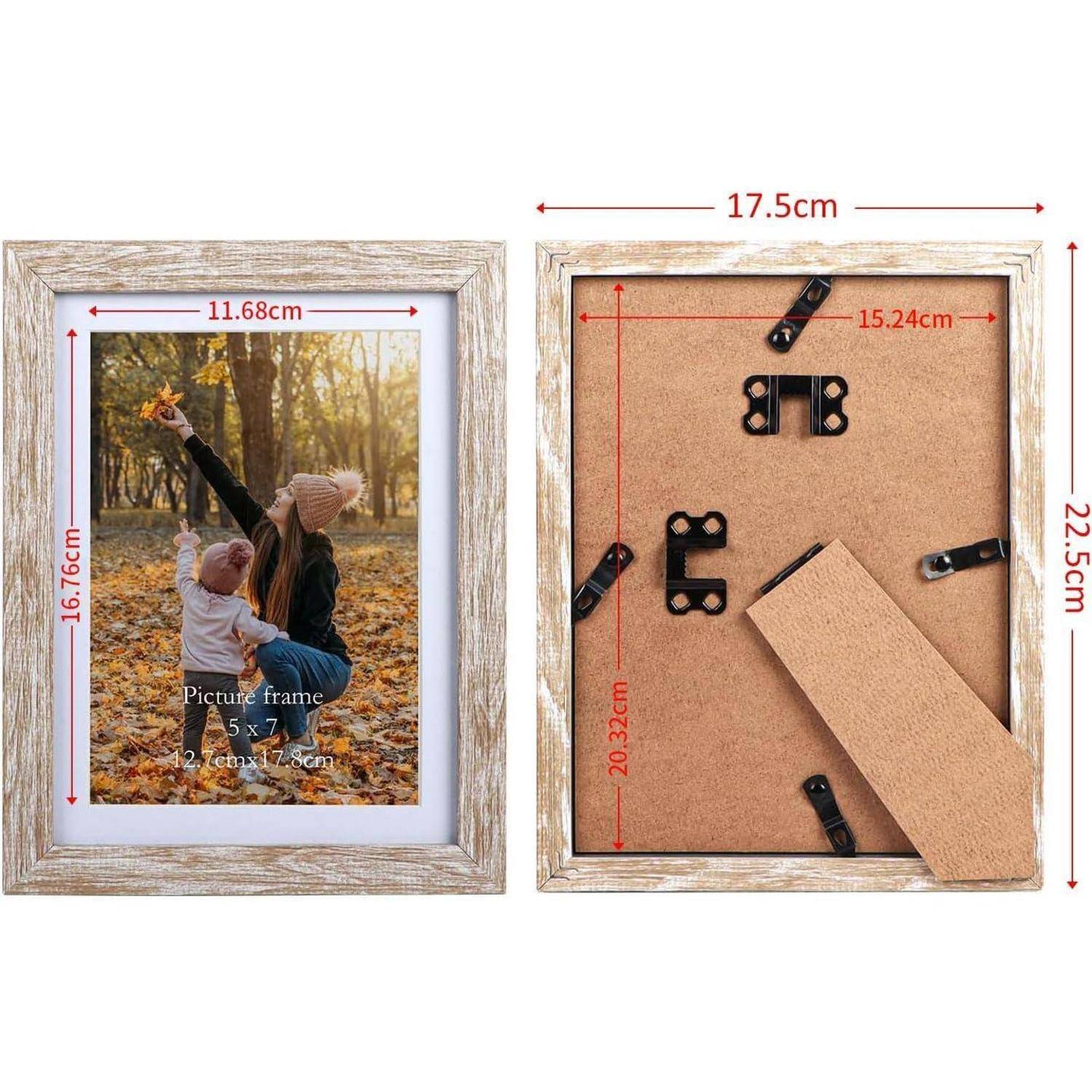 Bilderrahmen 5 x 7 mit Abmessungen und Beschlagdetails. Die Vorderseite zeigt ein Foto einer Person mit einem Kind in einer Herbstlandschaft.