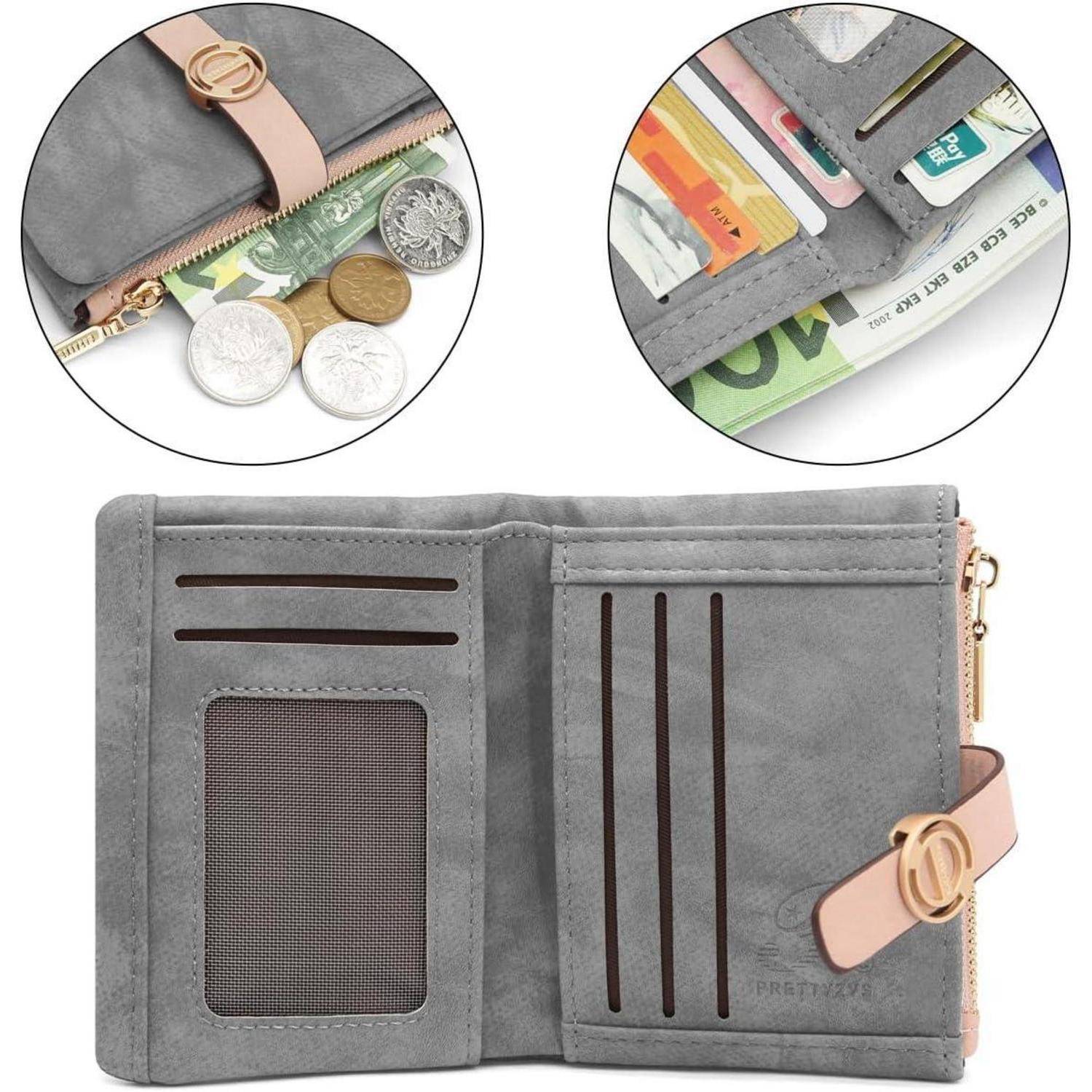 Ein graues Portemonnaie, geöffnet, um Fächer für Münzen, Karten und Geldscheine zu zeigen. Nahaufnahmen heben Fächer hervor, die mit verschiedenen Münzen, Karten und Banknoten gefüllt sind.