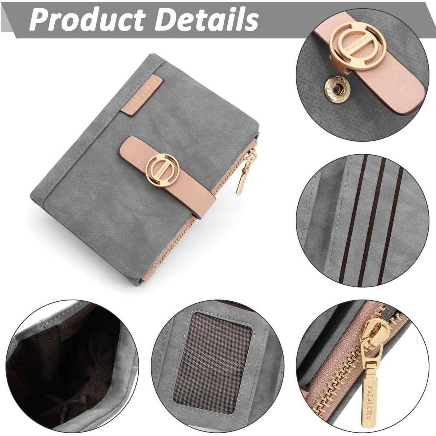 Graue Brieftasche mit rosa Akzenten, goldener Schließe und Reißverschluss. Im Inneren befinden sich mehrere Kartenfächer, ein Münzfach und ein Ausweisfach.