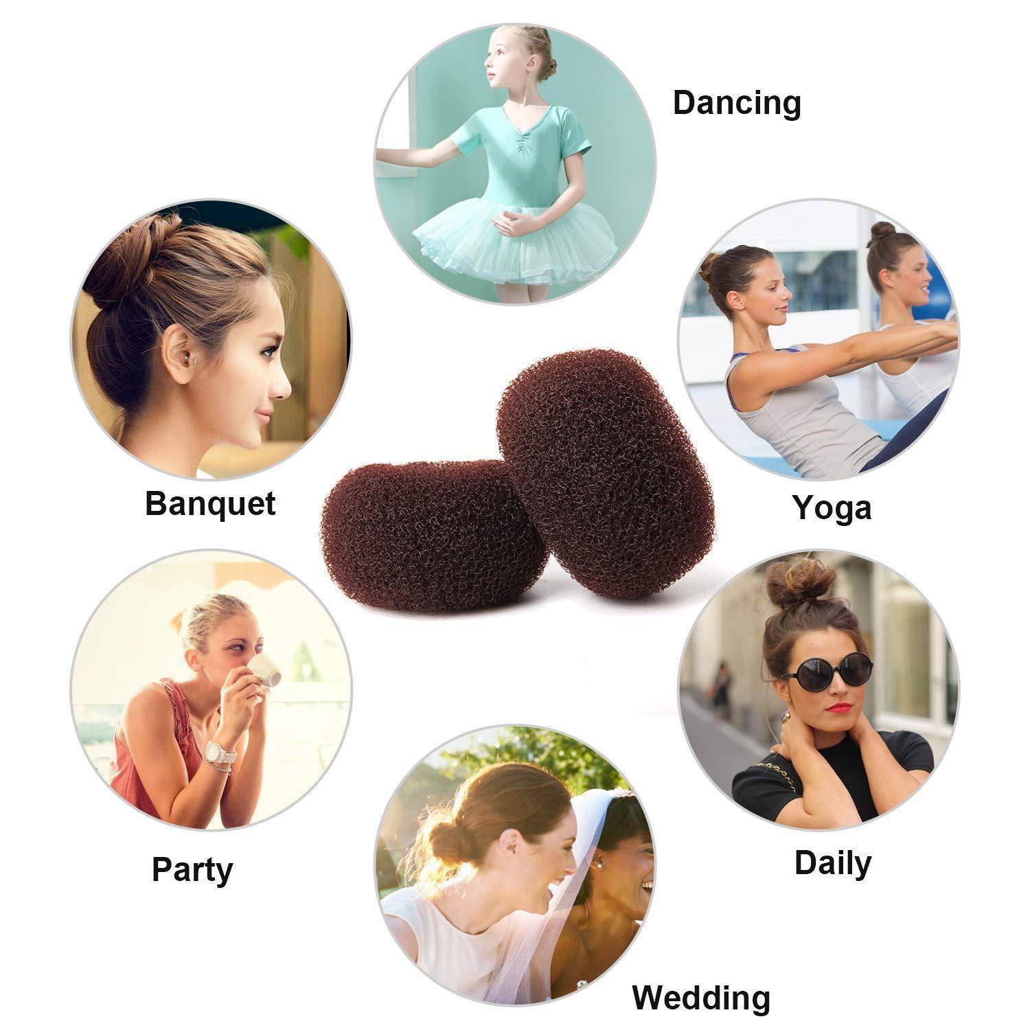 Haardutt-Zubehör-Set, mit Fotos, die verschiedene Frisuren für 'Tanz,' 'Yoga,' 'Bankett,' 'Party,' 'Alltag' und 'Hochzeit' zeigen.