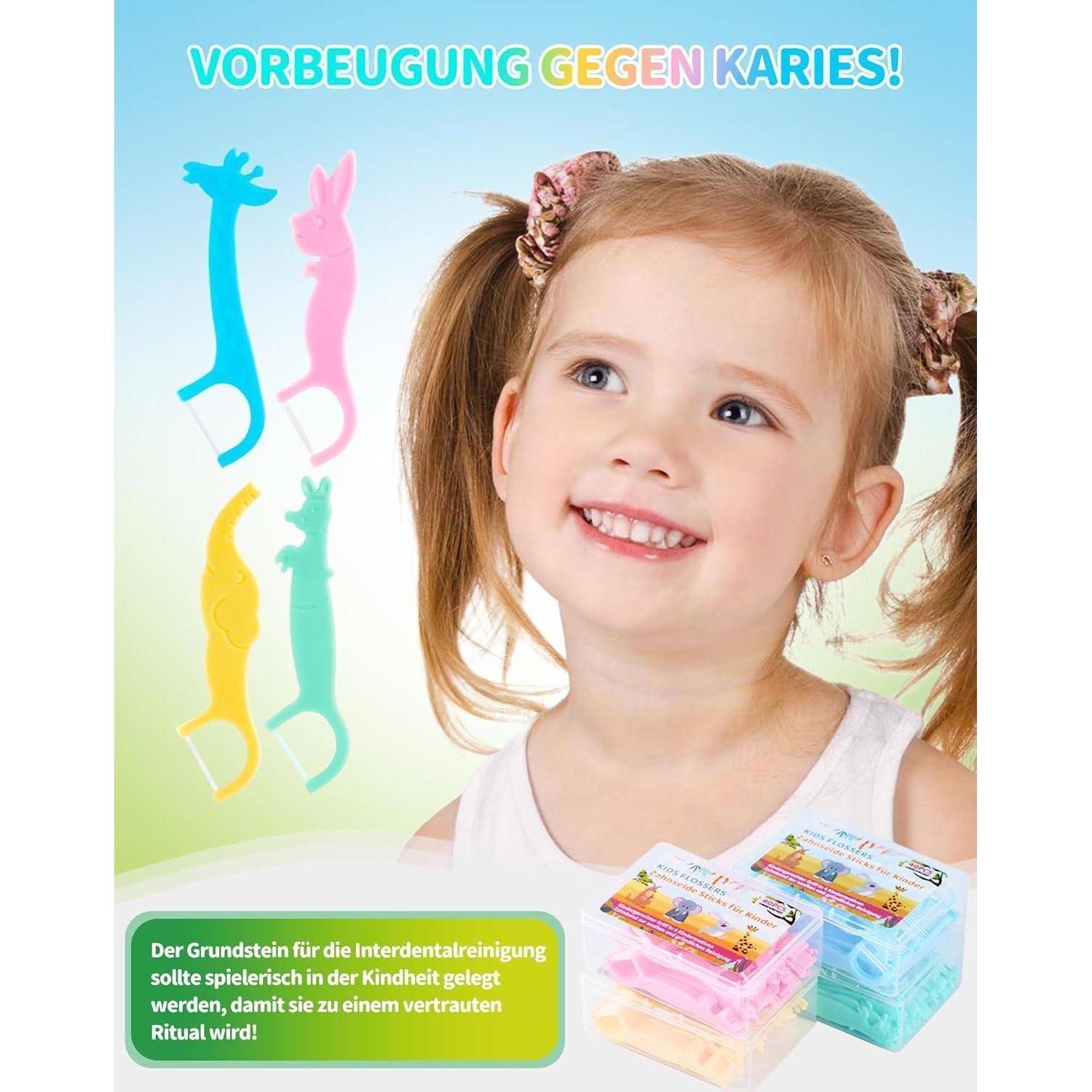 Ein lächelndes Kind mit Zöpfen blickt nach oben. Darunter befinden sich bunte, tierförmige Zahnseidehalter und Etuis. Text lautet: 'Vorbeugung gegen Karies!