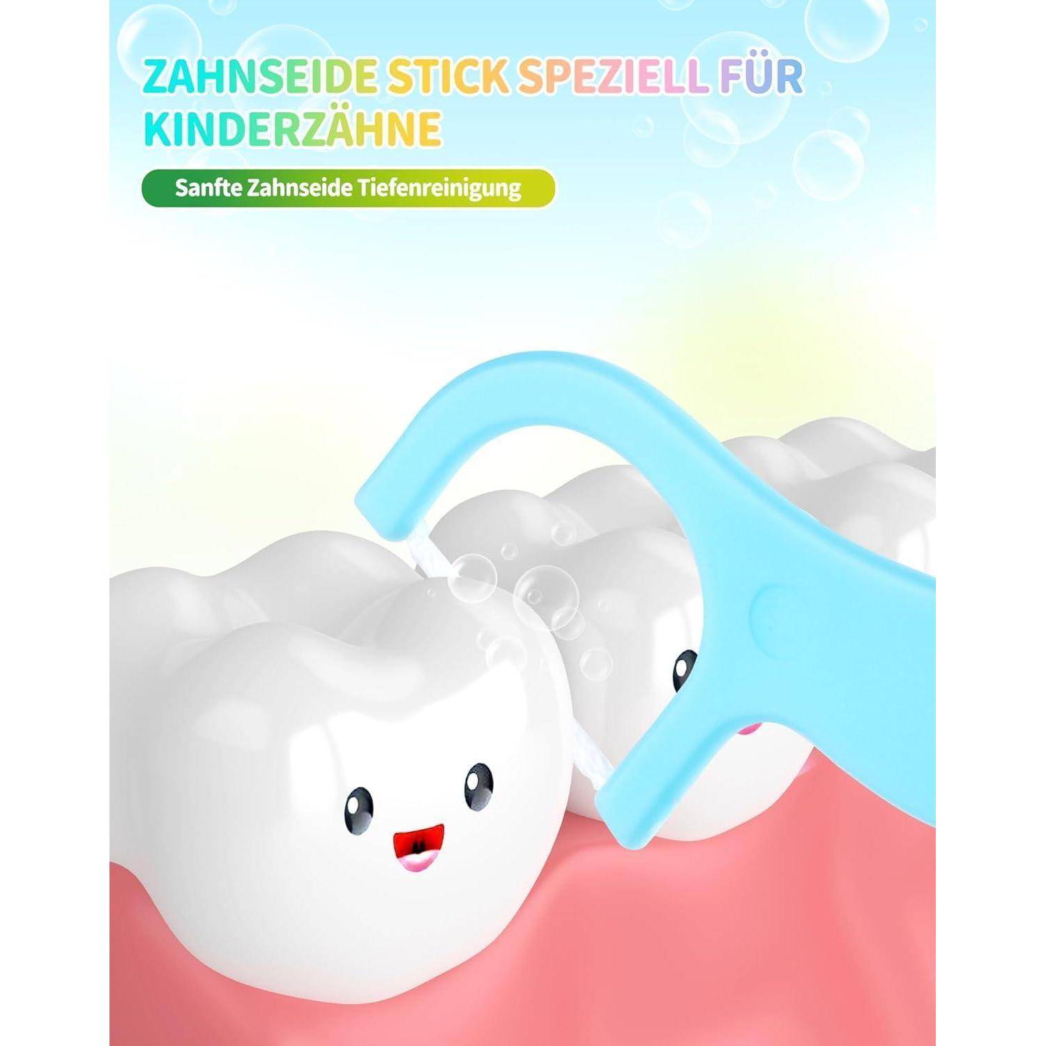 Ein lächelnder Cartoon-Zahn mit einem blauen Zahnseide-Stick vor buntem Hintergrund. Text lautet: 'Zahnseide Stick, speziell für Kinderzähne.