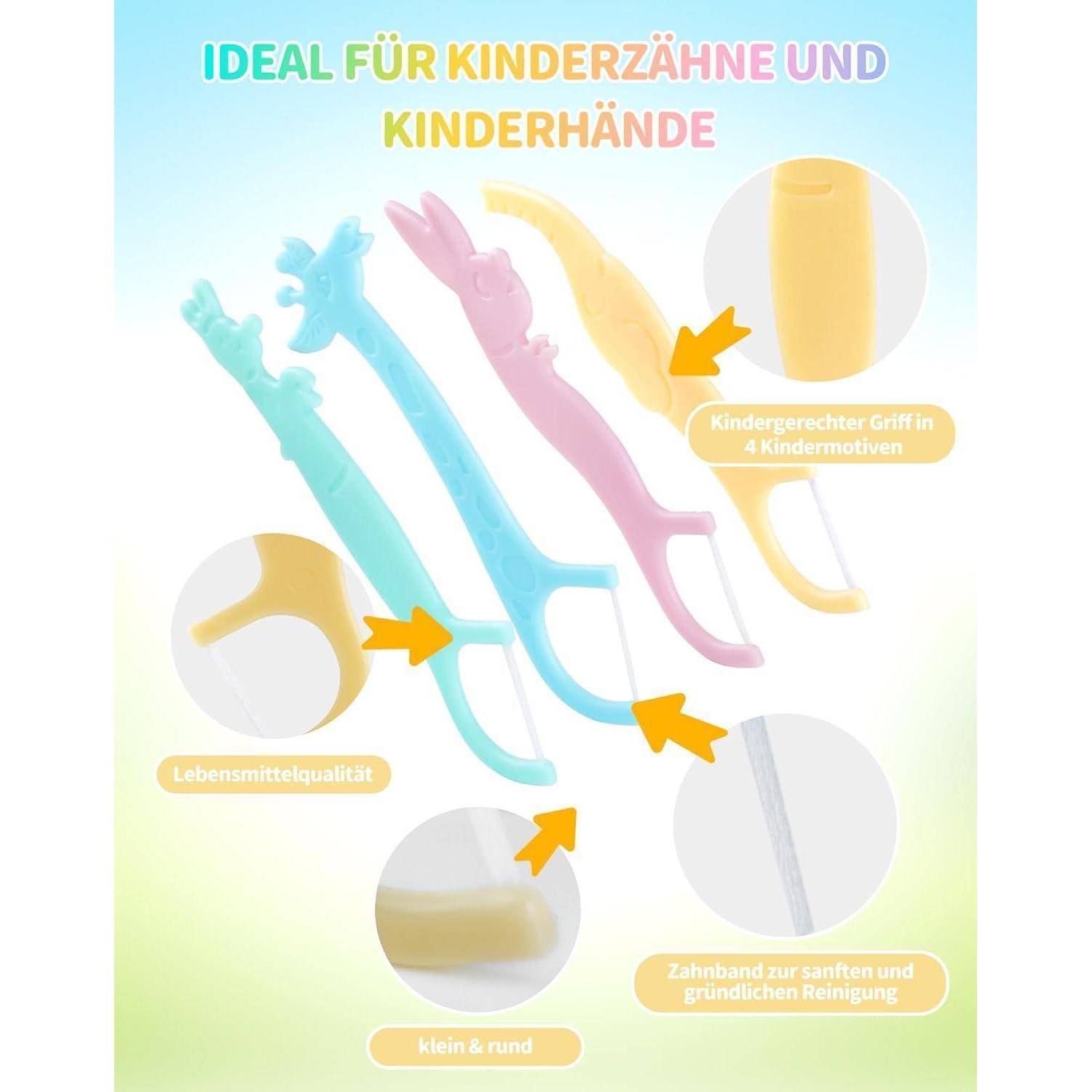 Bunte Zahnseidehalter in Tierformen für Kinder, mit verspielten Designs für einen einfachen Griff und effektive Reinigung.