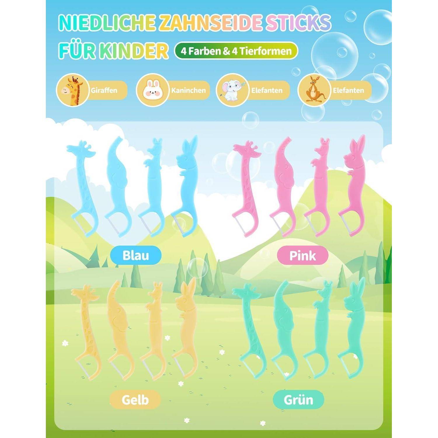 Verpackungsbild für Zahnseide-Picks für Kinder in Tierformen in vier Farben: blau, pink, gelb und grün. Tierformen umfassen Giraffen, Hasen und Elefanten.