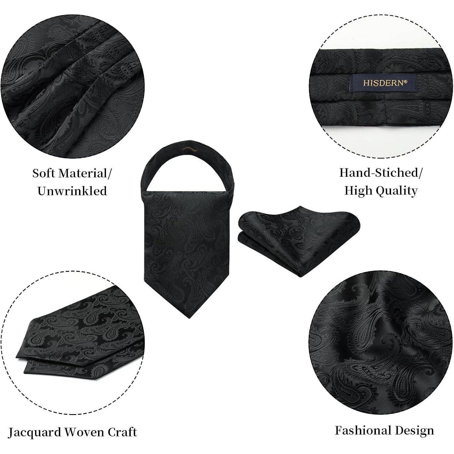 Schwarzes Paisley-Krawattenset, bestehend aus Krawatte, Einstecktuch und Geschenkbox. Als weich, handgenäht, hochwertig und modisch bezeichnet.