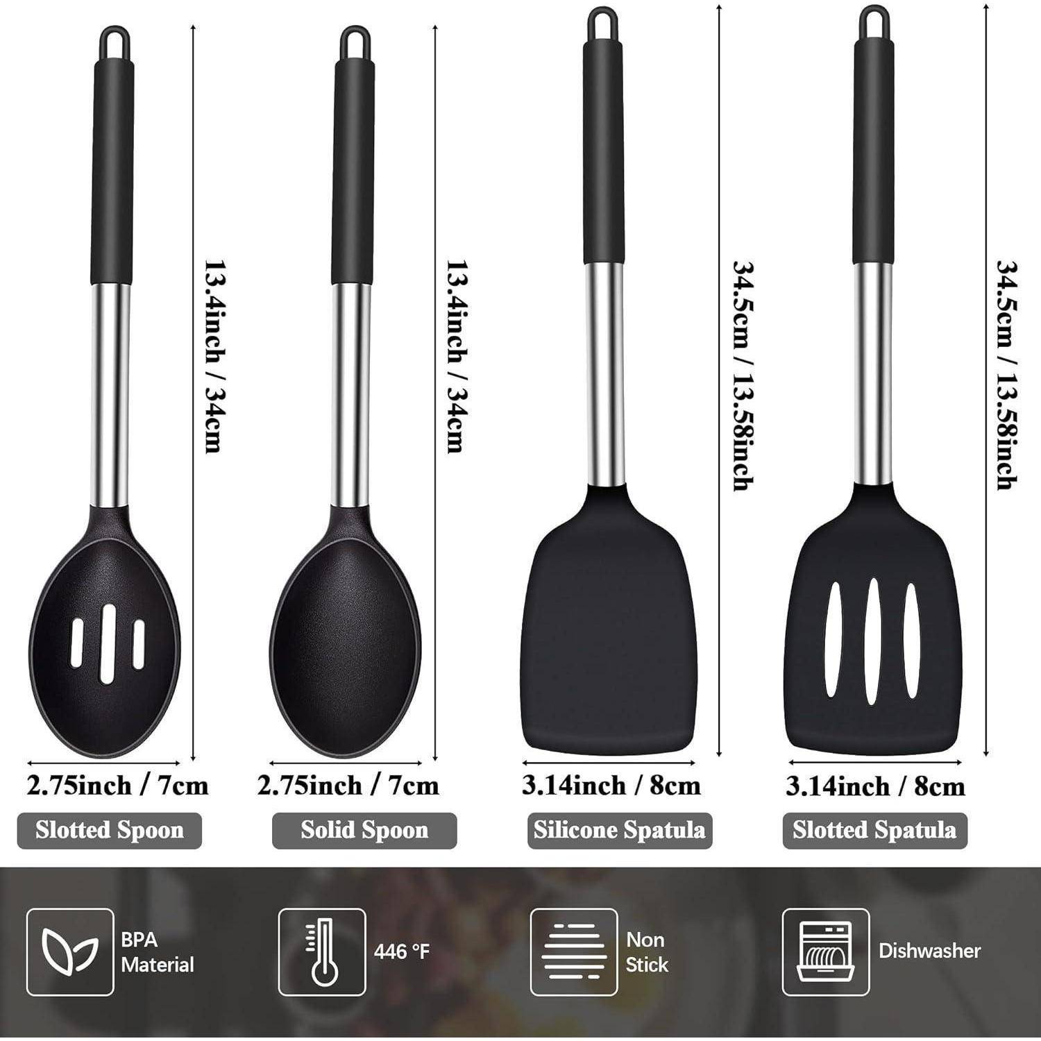 Küchenhelfer-Set: Schaumlöffel, Stiellöffel, Silikonspatel und durchlochter Spatel. Jedes Utensil mit Maßangaben beschriftet. Eigenschaften: BPA-Material, hitzbeständig bis 230°C, antihaftend, spülmaschinenfest.