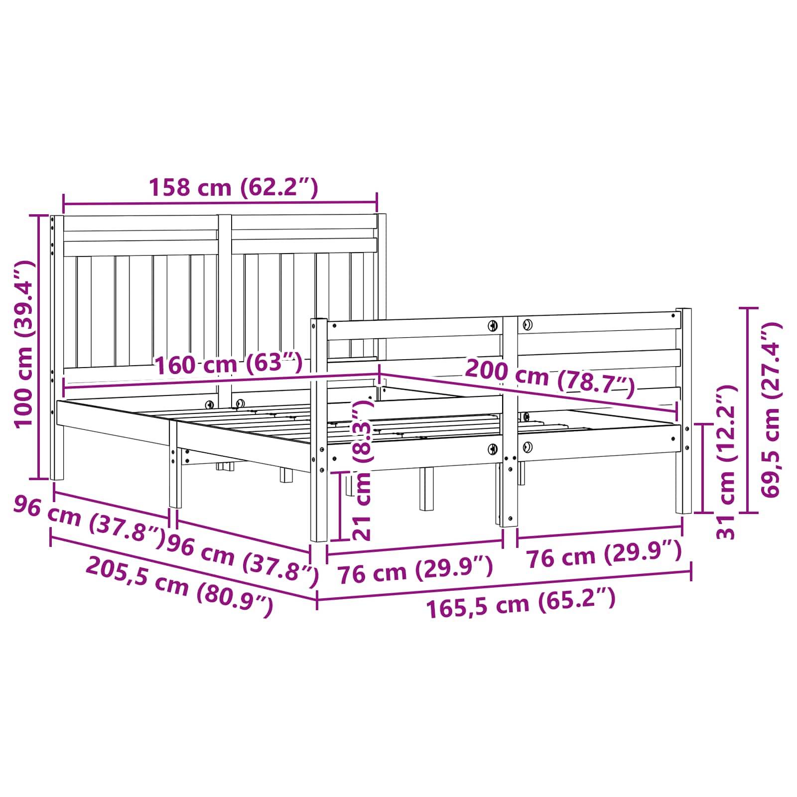 Bettrahmen-Diagramm mit detaillierten Maßangaben in Zentimetern und Zoll, das die Abmessungen für Breite, Länge und Höhe zeigt.